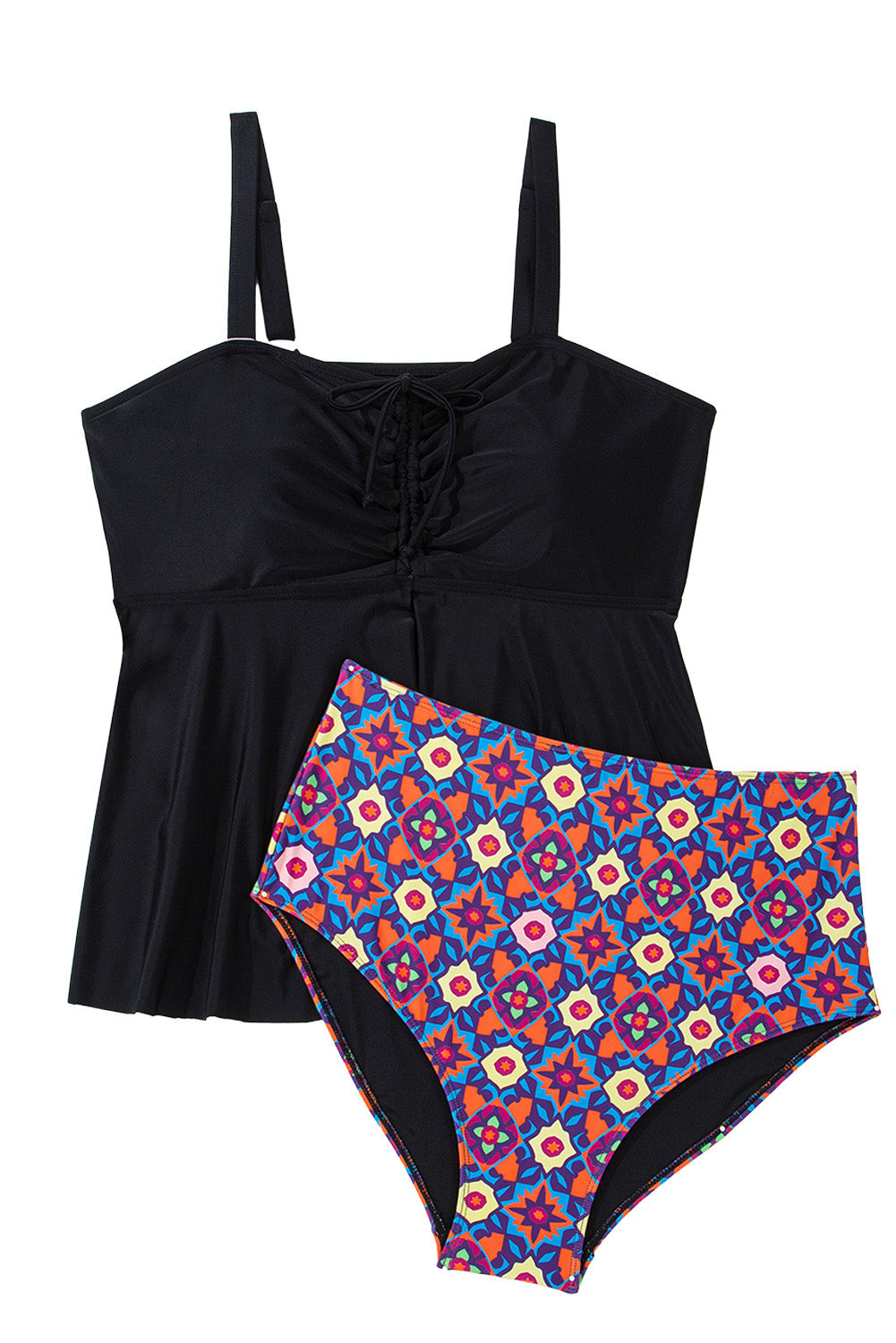 Black Drawstring Tied Front Flared Top Geometric Print Bottom Plus Size Tankinis BB Fashion Outlet
