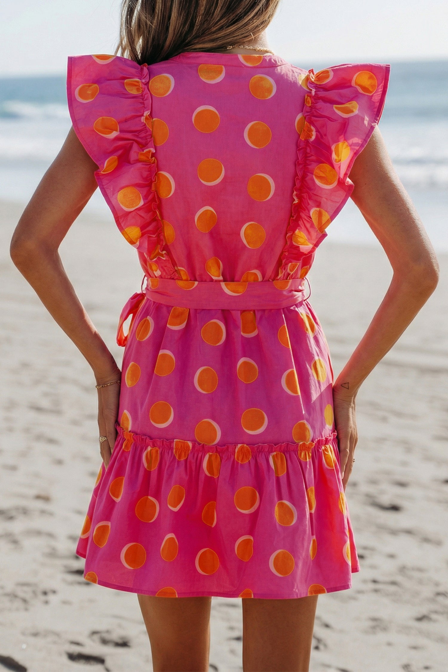 Polka Dot V Neck Ruffled Short Sleeve Mini Dress