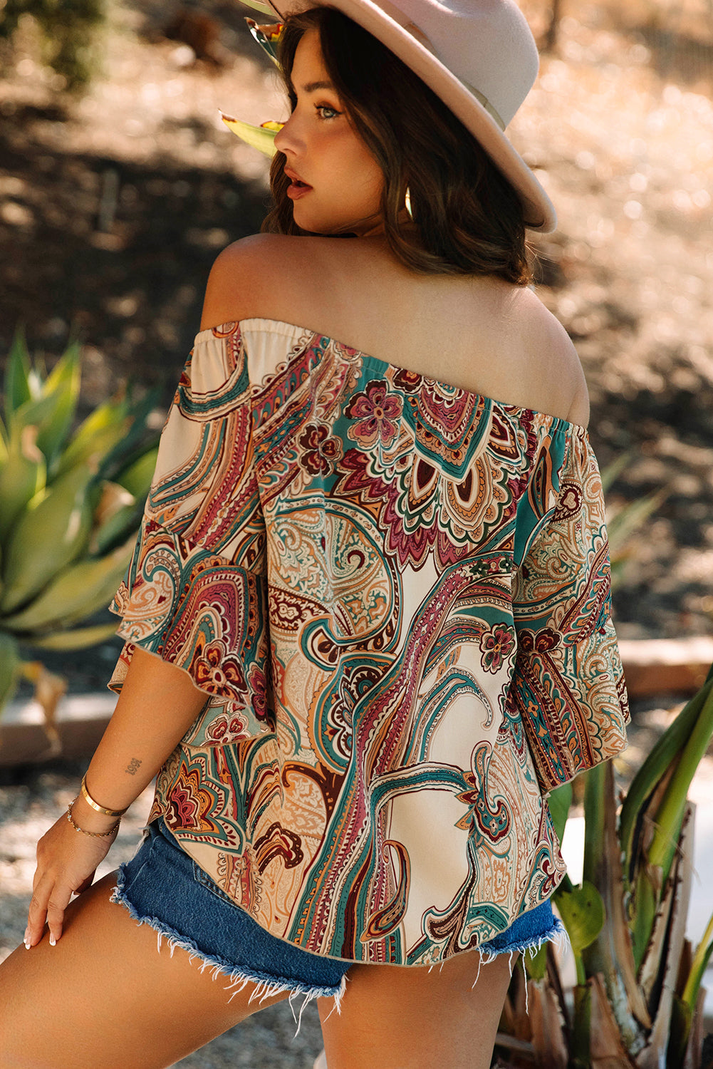 Apricot Paisley Printed Shirred Off Shoulder Ruffled Draped Sleeve Blouse eAura
