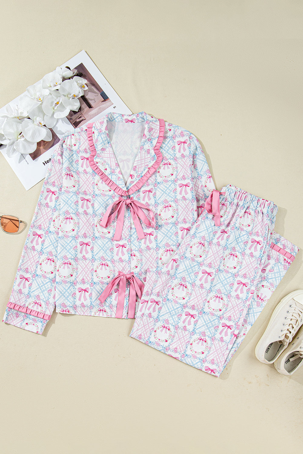 Pink Bow Wreath Pattern Christmas Pyjamas Tied Front Long Sleeve Dear-Lover Dropshipping