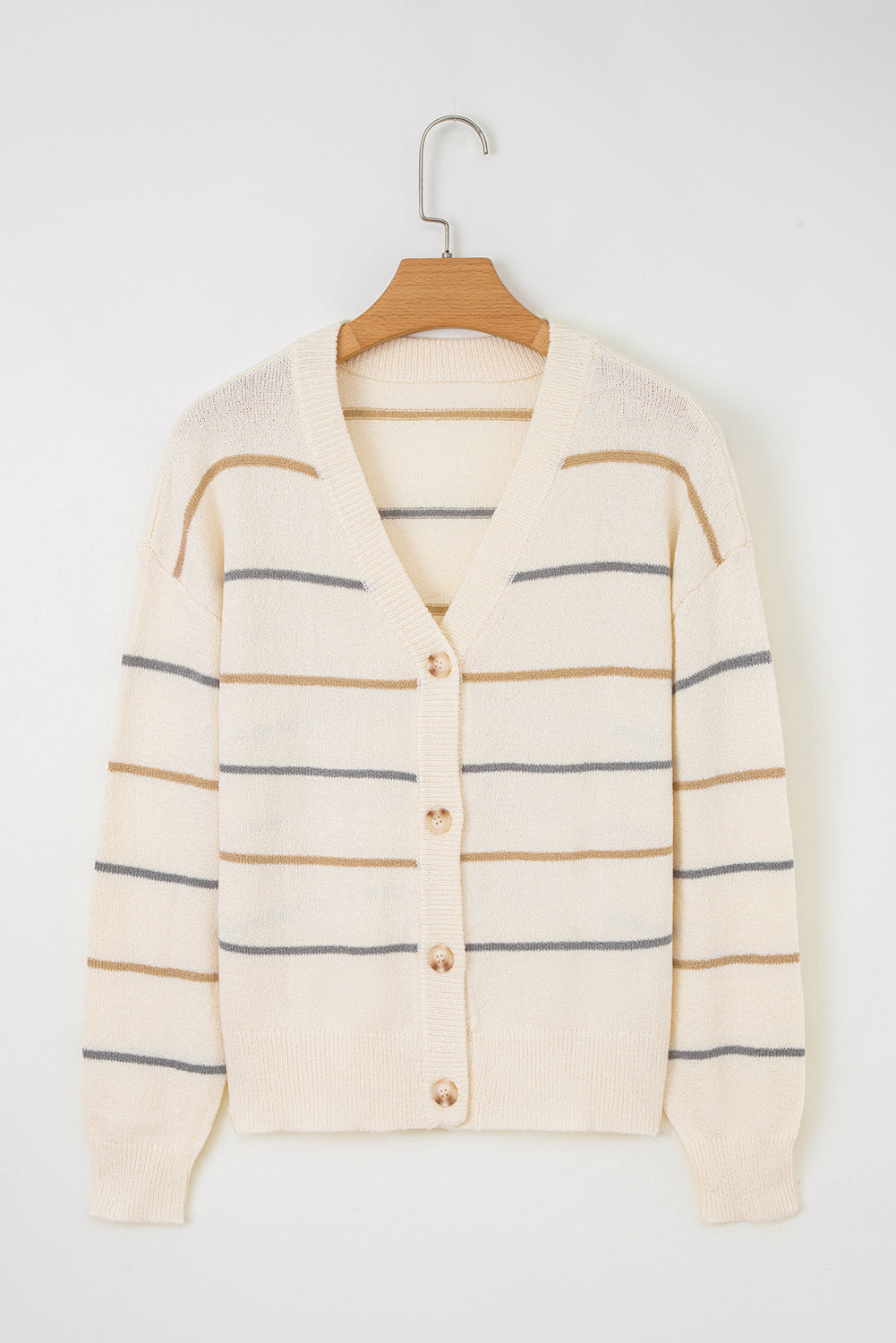 Multicolour Striped Buttoned Front V-Neck Drop Shoulder Cardigan - eAura