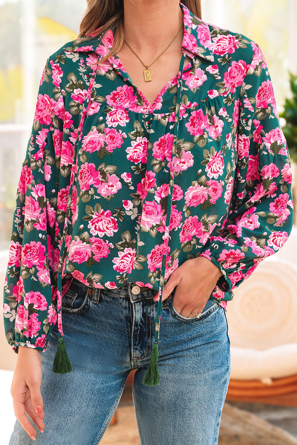 Green Floral Printed Tied Collar Puff Sleeve Blouse eAura