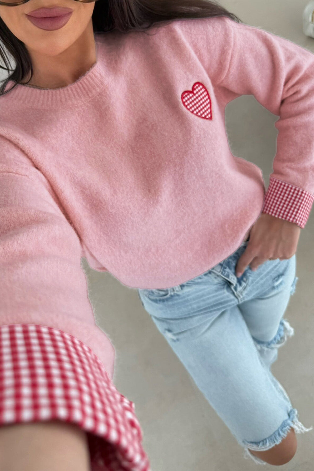 Heart Embroidered Cuffed Drop Shoulder Sweater - Sweaters & Cardigans/Sweaters
