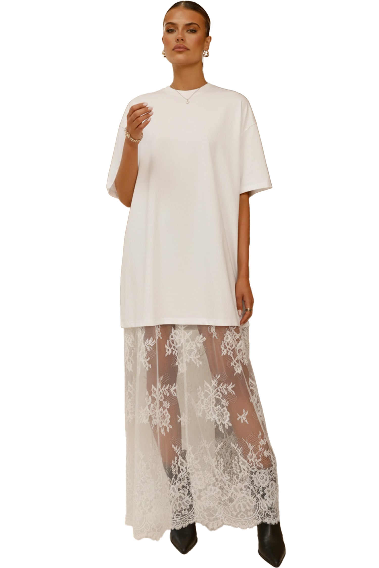 White Floral Patchwork Short Sleeve T-Shirt Loose Lace Maxi Dress