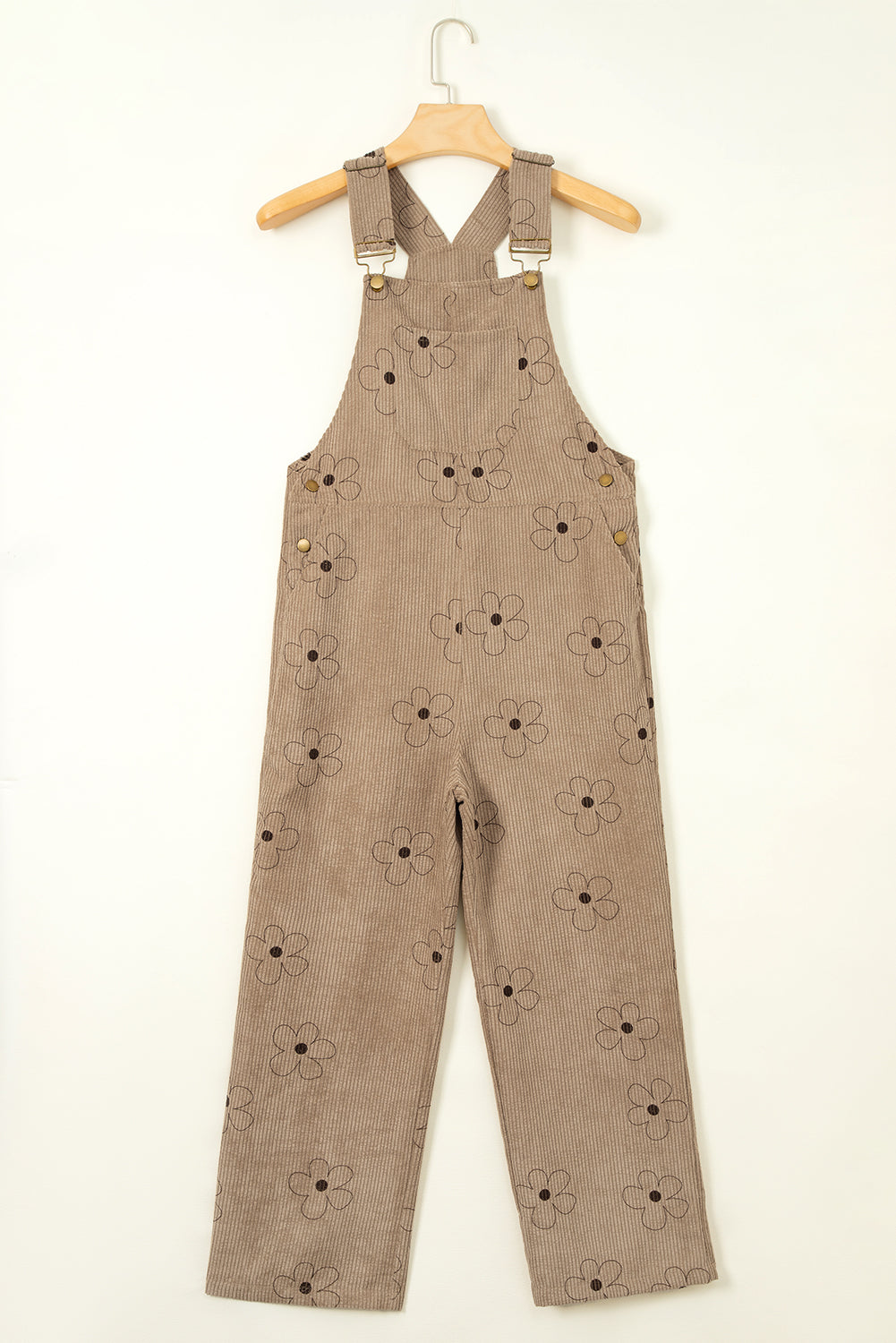 Khaki Flower Print Corduroy Overalls eAura