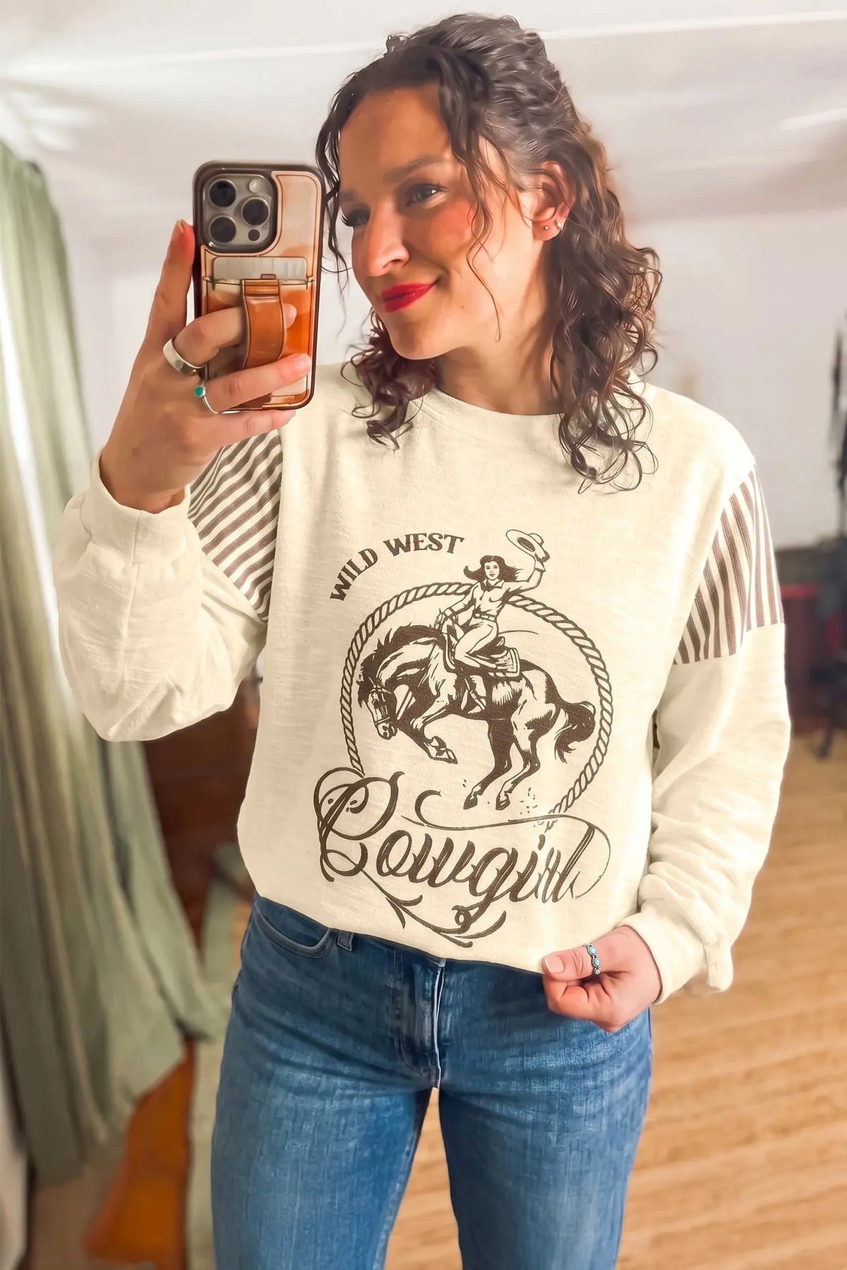 Jet Stream Western Print Striped Detail Long Sleeve Casual Top – Cream
