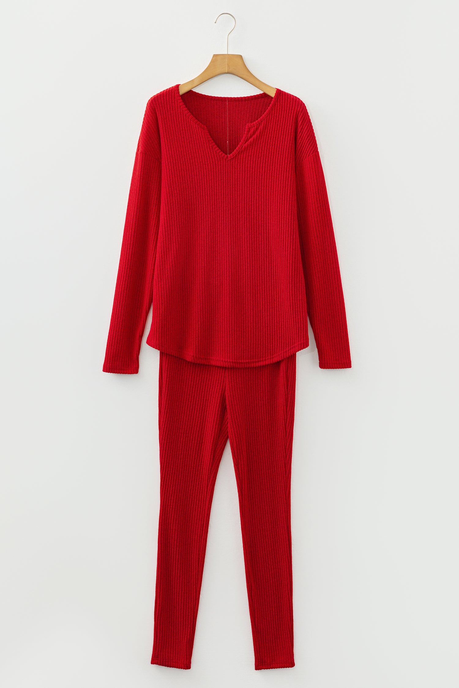 Ribbed Notched Neck Knit Long Sleeve Leggings Two Pieces Lounge Set – Racing Red