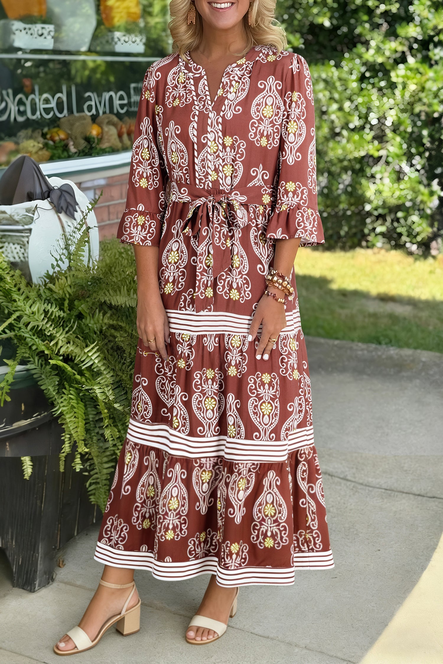 Floral Print Belted Striped Trim Tiered Maxi Dress - eAura
