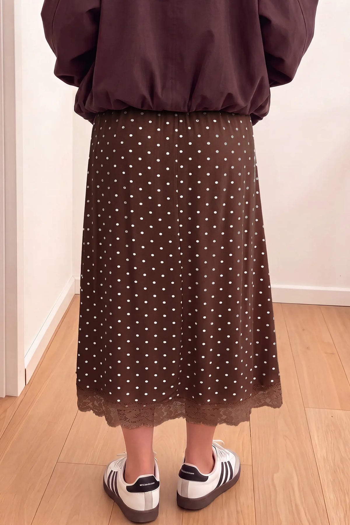 Polka Dot Lace Hem Elegant Long Shift Skirt – Khaki