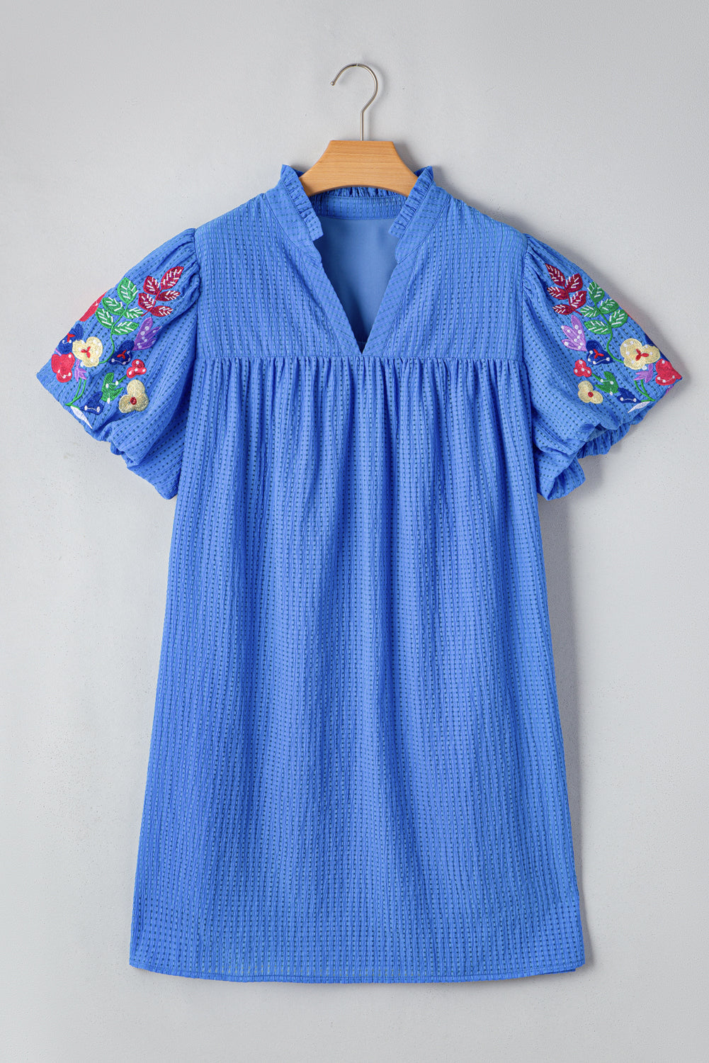 Sky Blue Plus Size Floral Embroidered Puff Sleeve Gingham Mini Dress BB Fashion Outlet