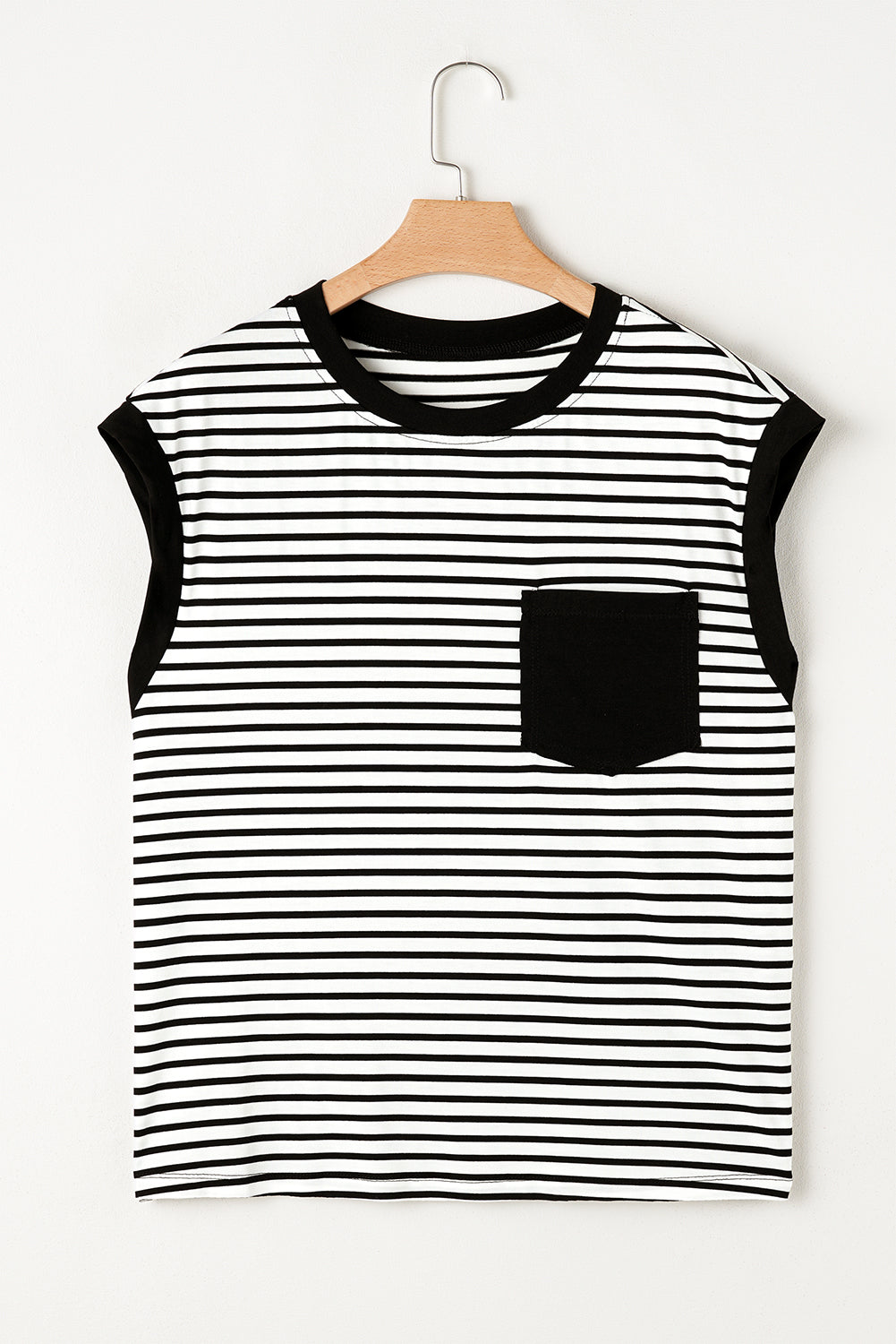 Black Stripe Chest Pocket Patch Round Neck Tank Top - eAura