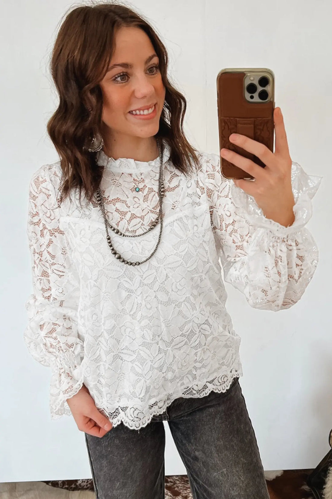 Ruffled Round Neck Long Flounce Sleeve Sheer Lace Blouse – White