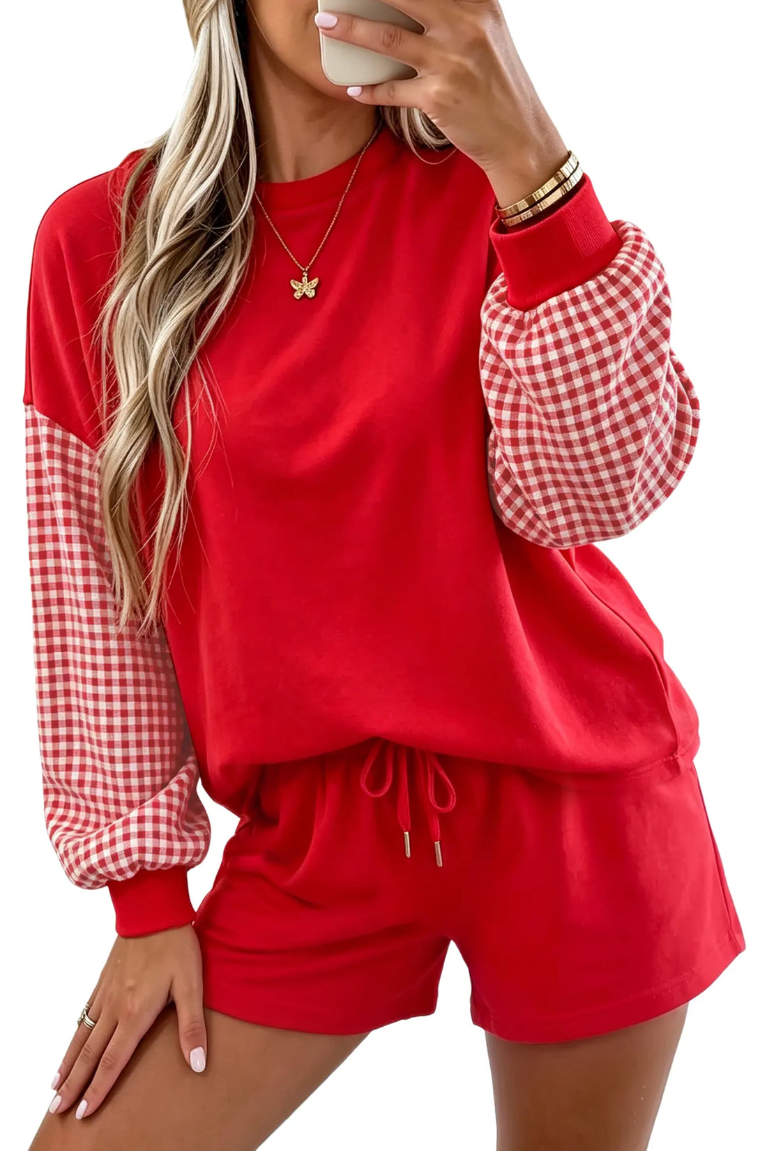 Plaid Patchwork Long Sleeve Top Solid Drawstring Shorts Set – Red