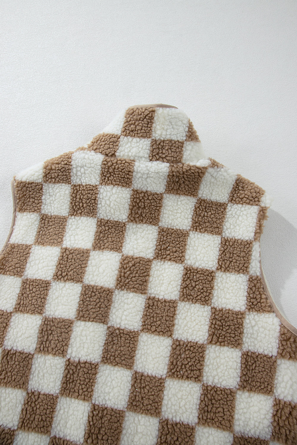 Khaki Checkered Sherpa Collared Jacket Vest - eAura