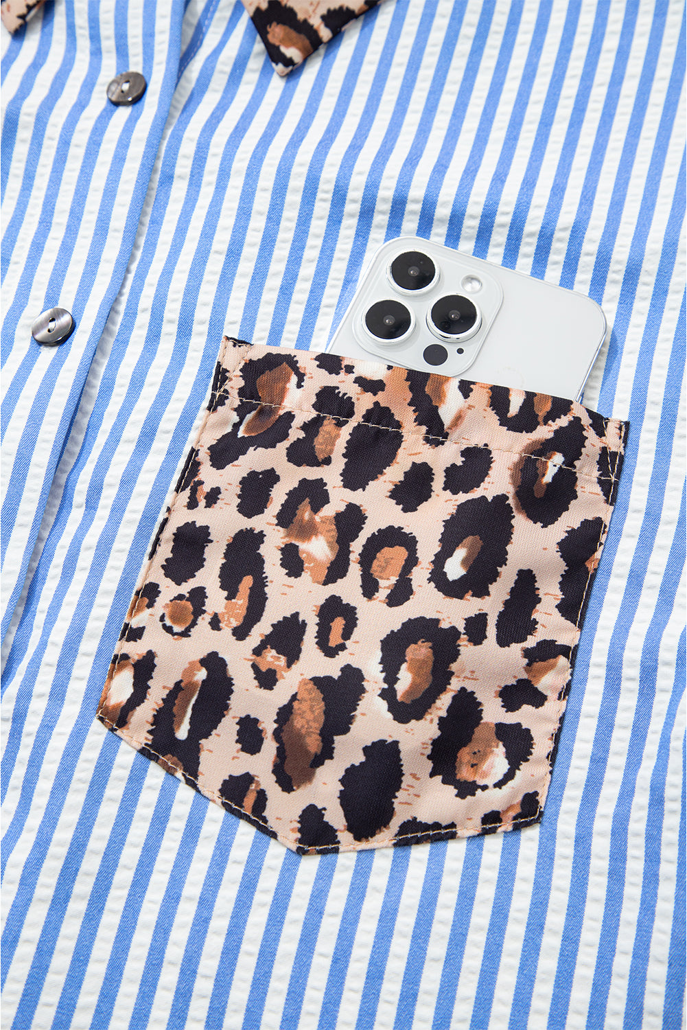 Striped Leopard Print Patchwork Button Up Shirt - eAura