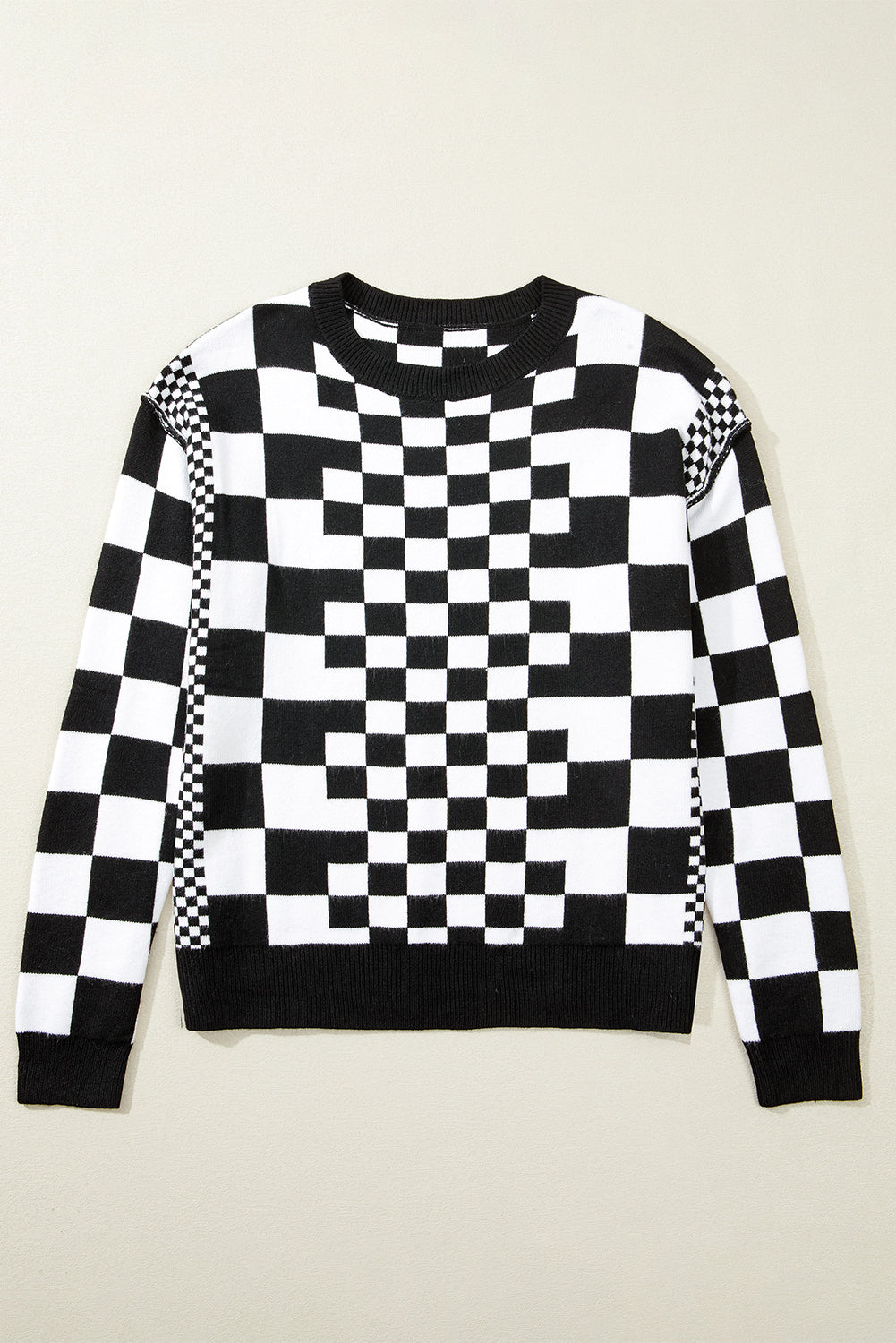 Khaki Checkered Print Drop Shoulder Round Neck Sweater eAura