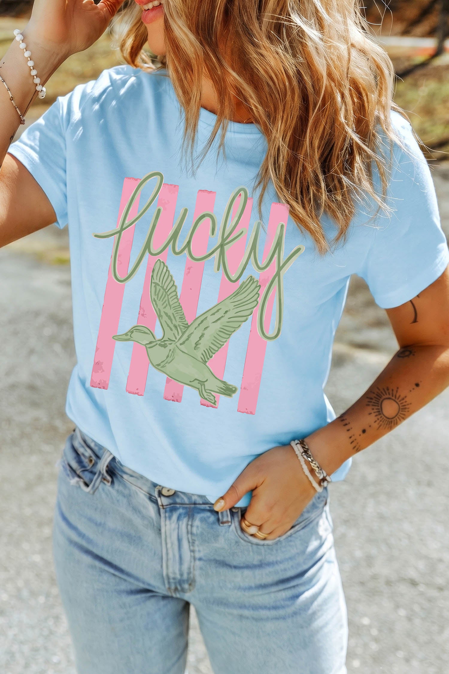 Lucky Duck Print Casual Round Neck T Shirt – Light Blue