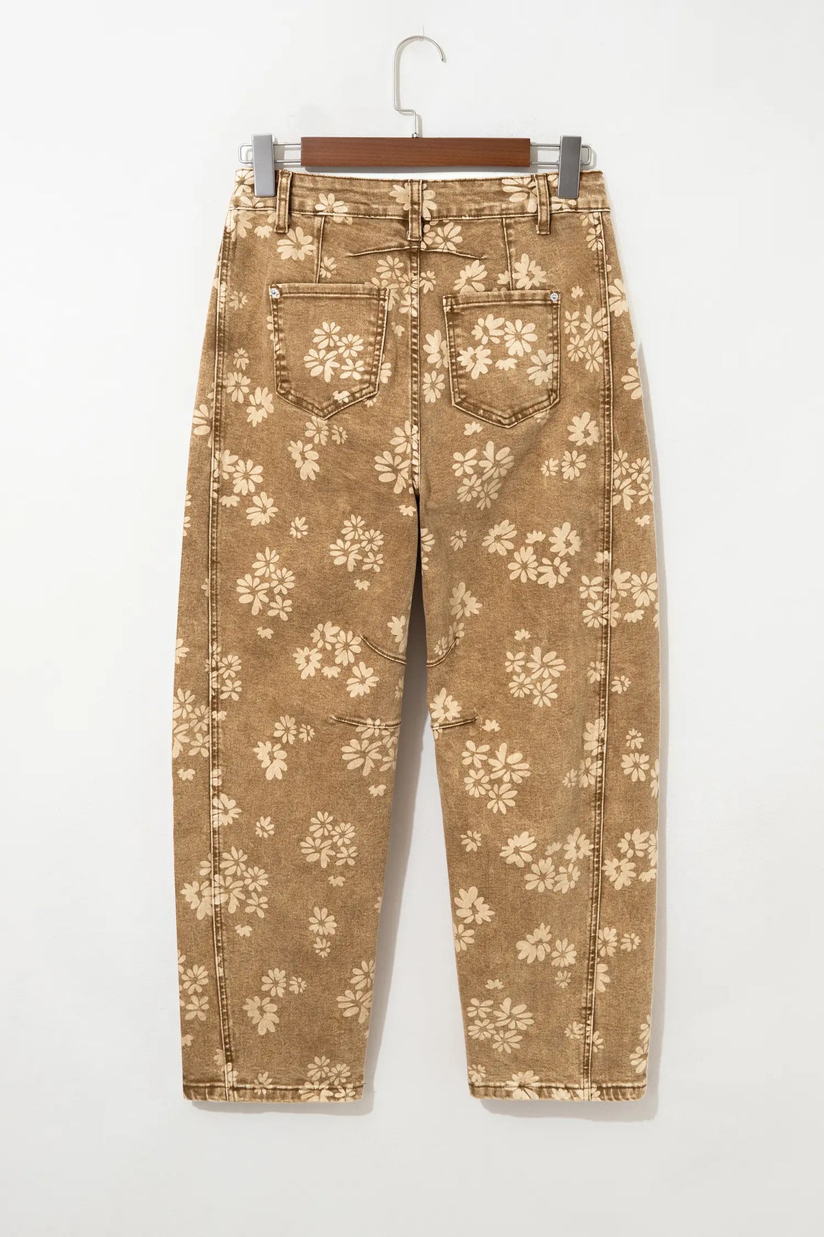 Floral Print Metal Button Pleated Straight Leg Jeans – Khaki