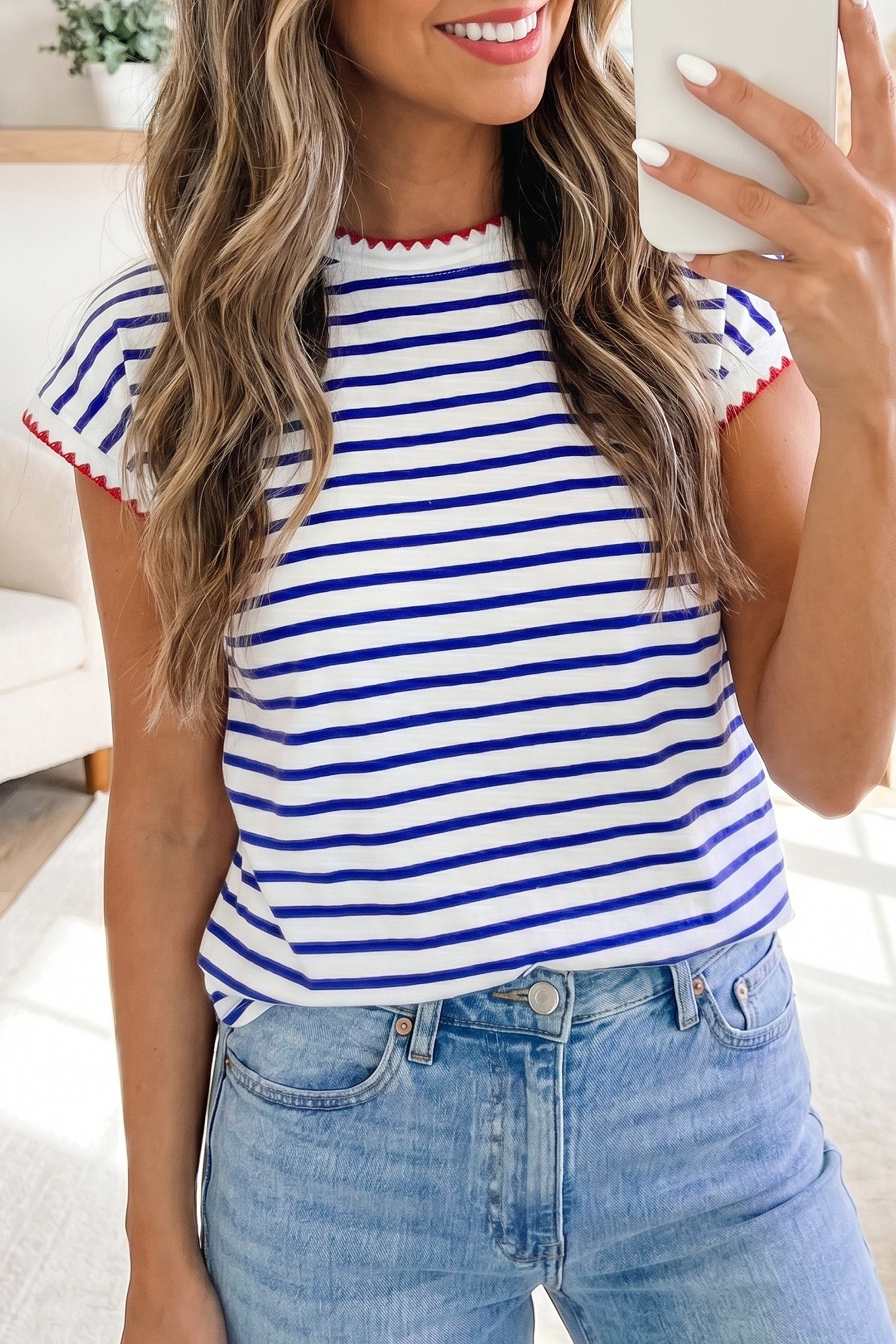 Contrast Trim Round Neck Cap Sleeve Tee – Blue Stripe