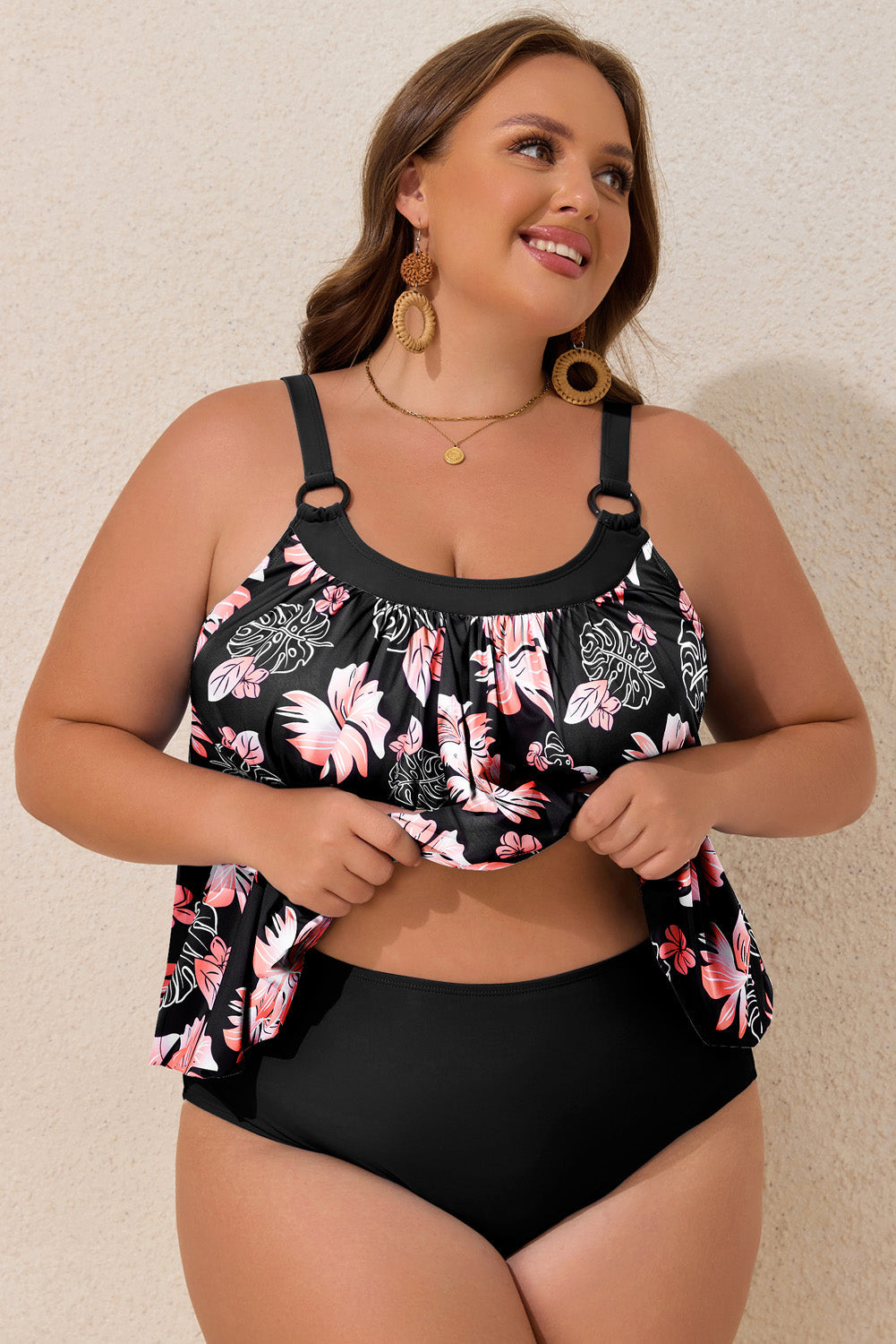 Black 2pcs Plus Size Wide Strap Floral Top Tankini Set BB Fashion Outlet