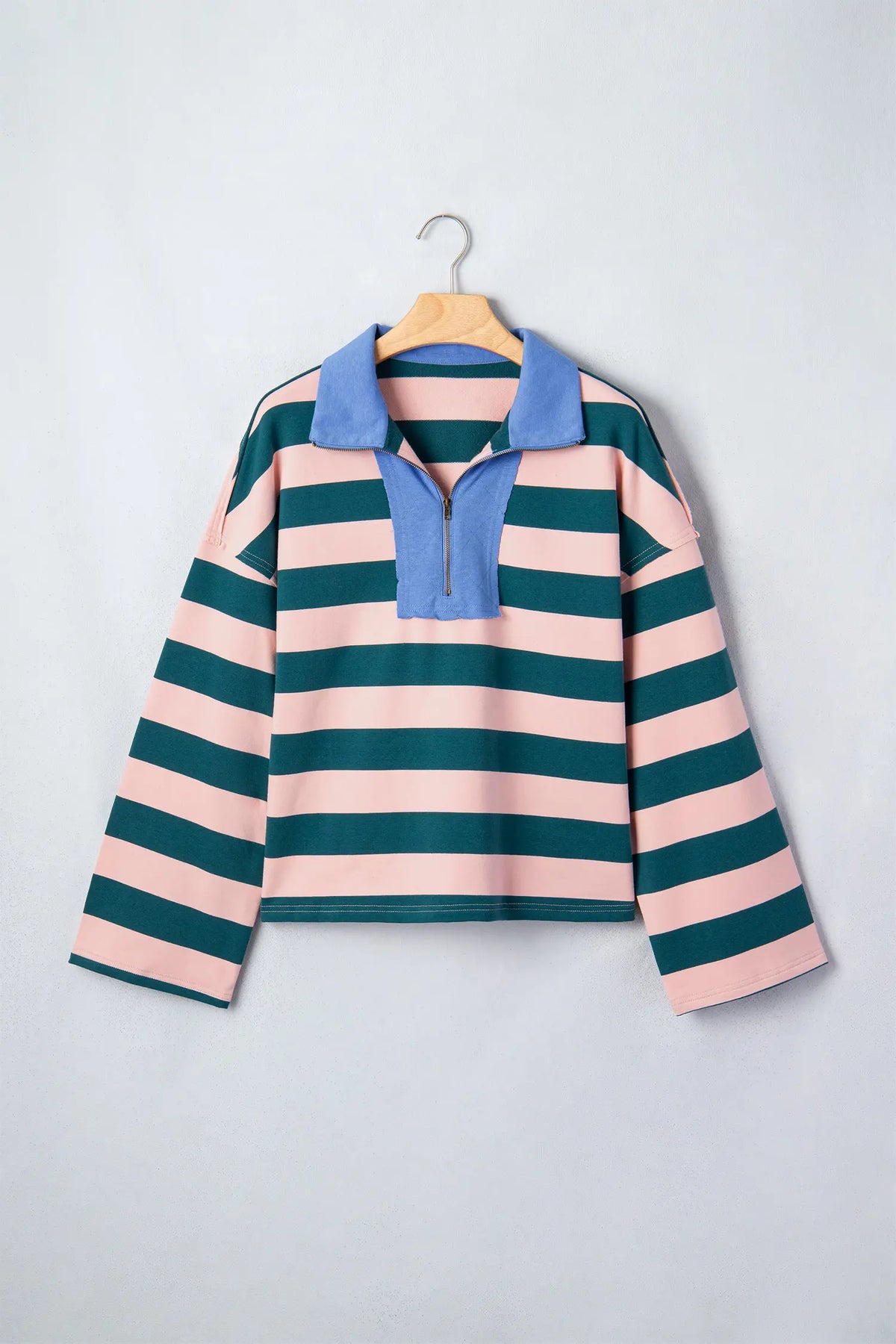 Quarter-Zip Metal Zipper Cover Stitch Hem Top – Green Stripe