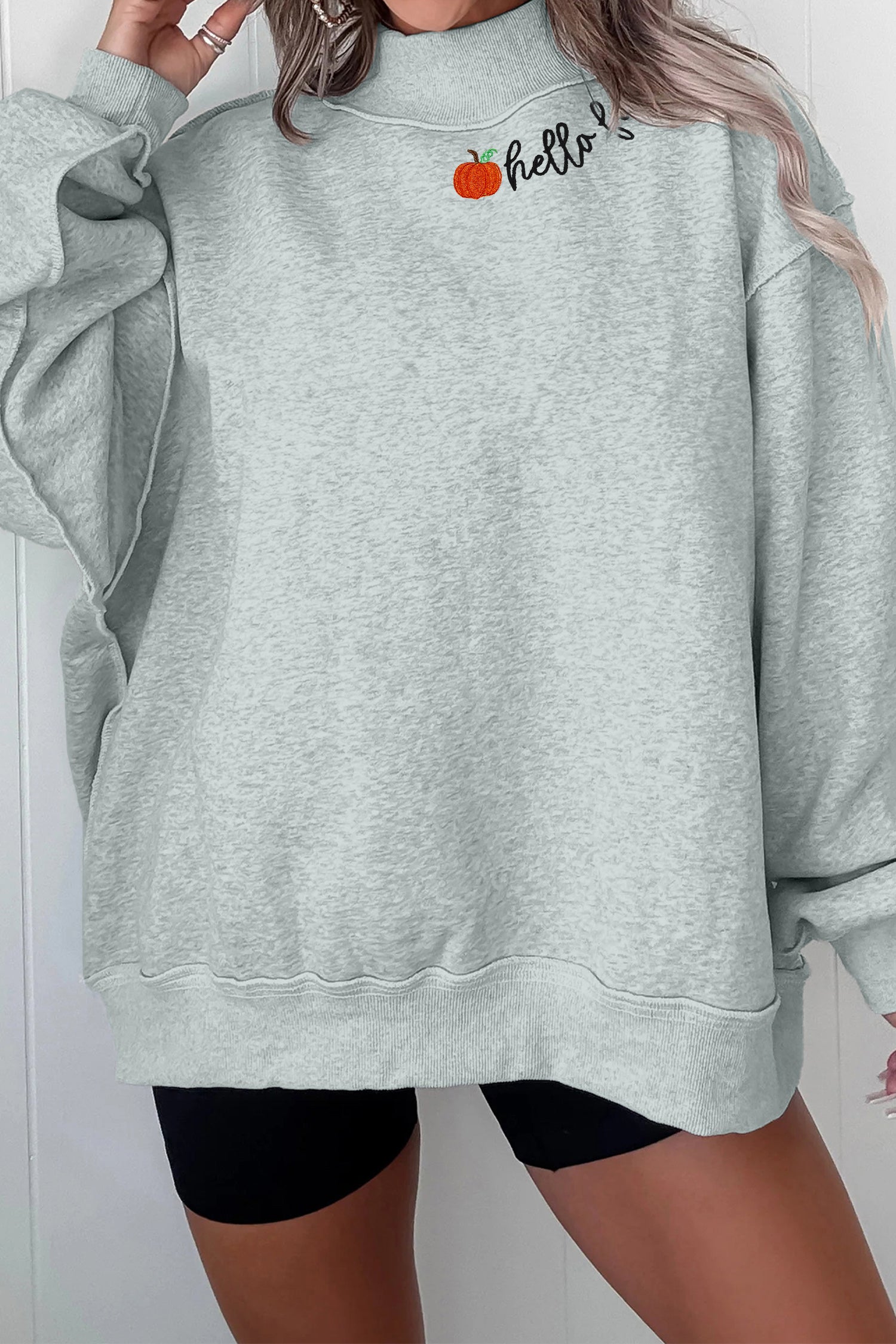 hello fall Embroidered Pumpkin Detail Mock Neck Sweatshirt – Gray