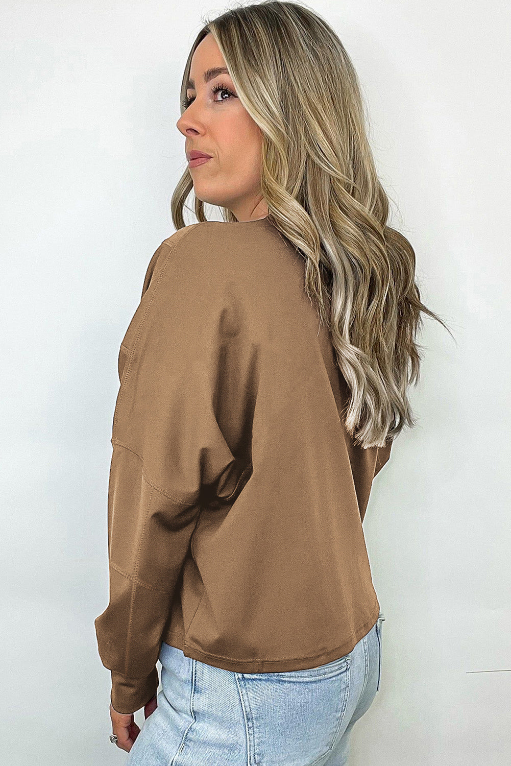 Coffee Solid Exposed Seam Pullover Sweatshirt eAura