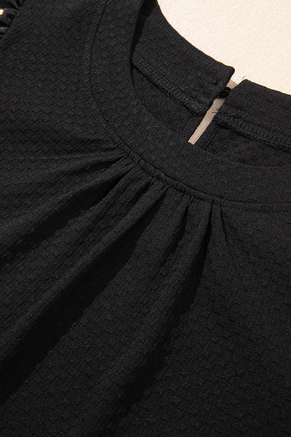 Black Feather Bubble Sleeve Patchwork Textured Blouse eAura