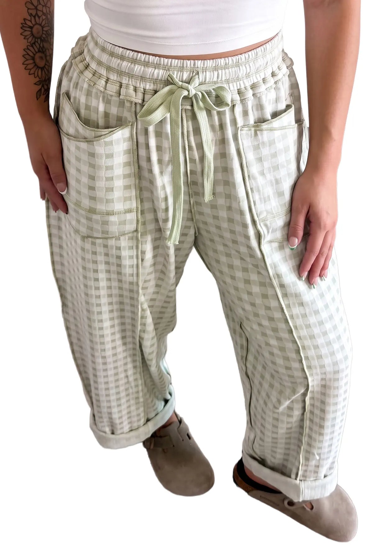 Plaid Contrast Trim Drawstring Elastic Waist Shift Pants – Green