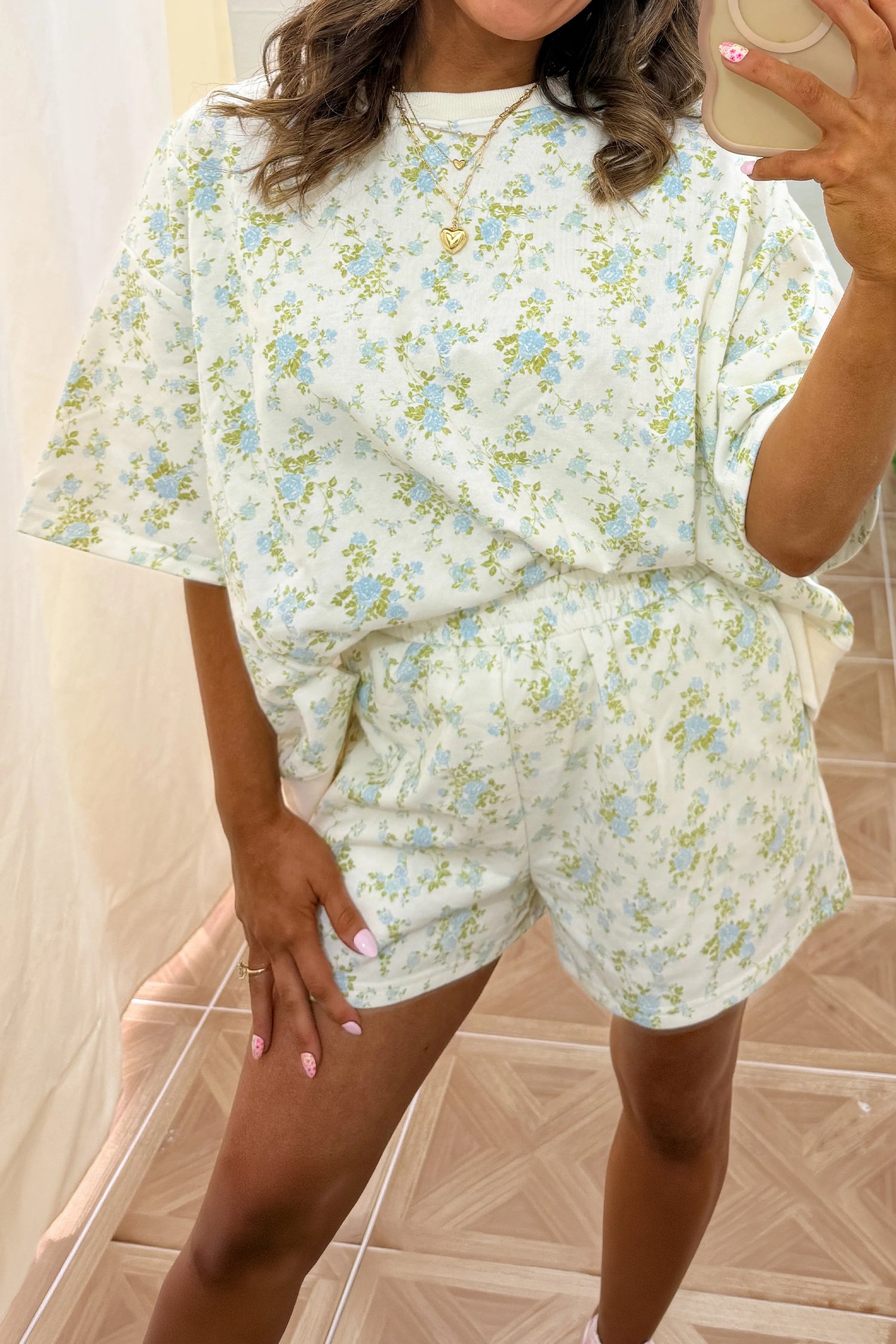 Floral Print Short Sleeve Elastic Waist Pocket Two Piece Set – Sky Blue