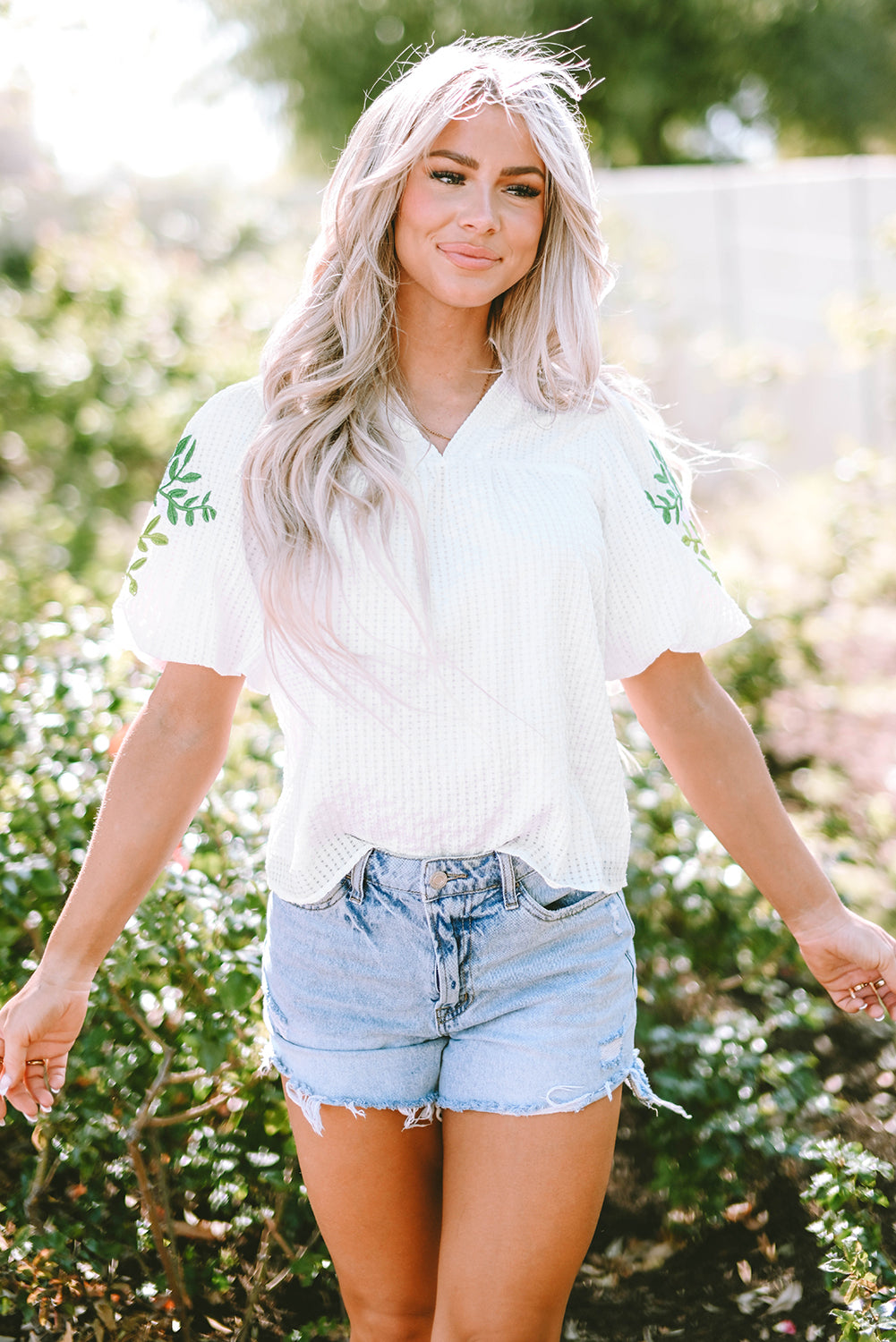 White Floral Embroidered Puff Sleeve Notched Neck Blouse eAura