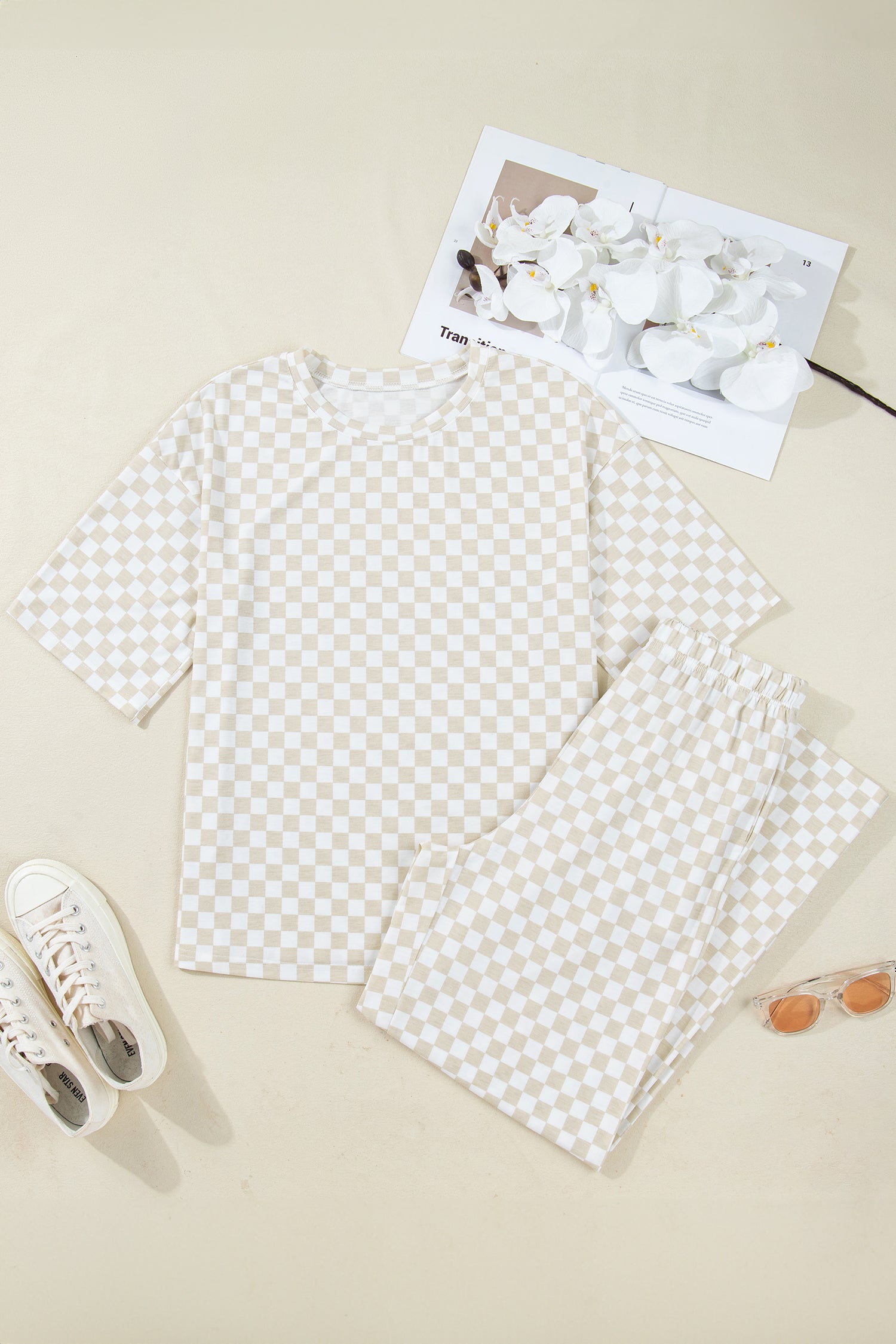 Checkered Print Half Sleeve Tee 2pcs Lounge Pant Set – Rose
