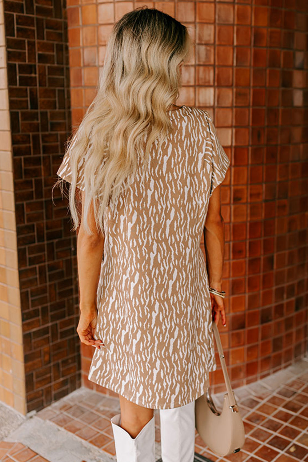 Khaki Abstract Print V Neck Short Sleeve Shift T Shirt Dress eAura