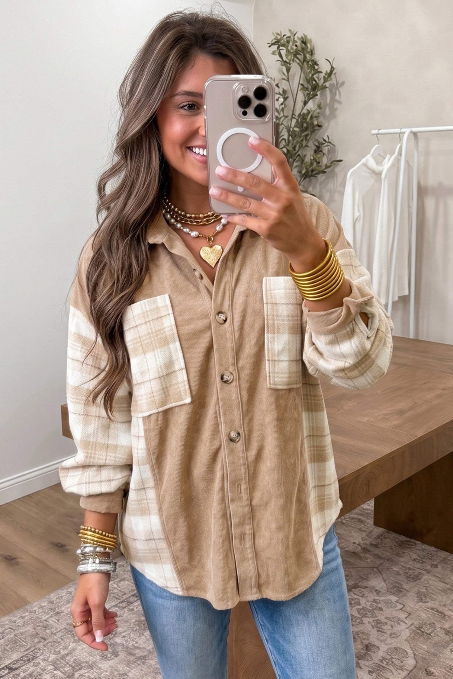Plaid Colorblock Shirt Collar Shift Shacket – Light French Beige