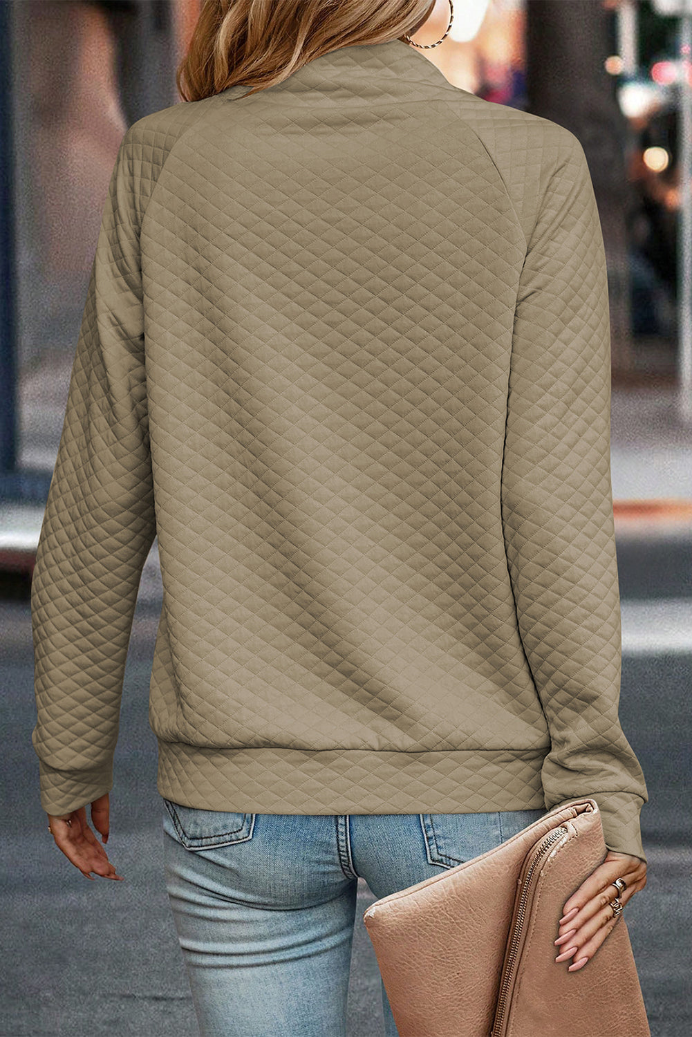 Apricot Quilted Buttoned Neckline Stand Neck Pullover Sweatshirt eAura