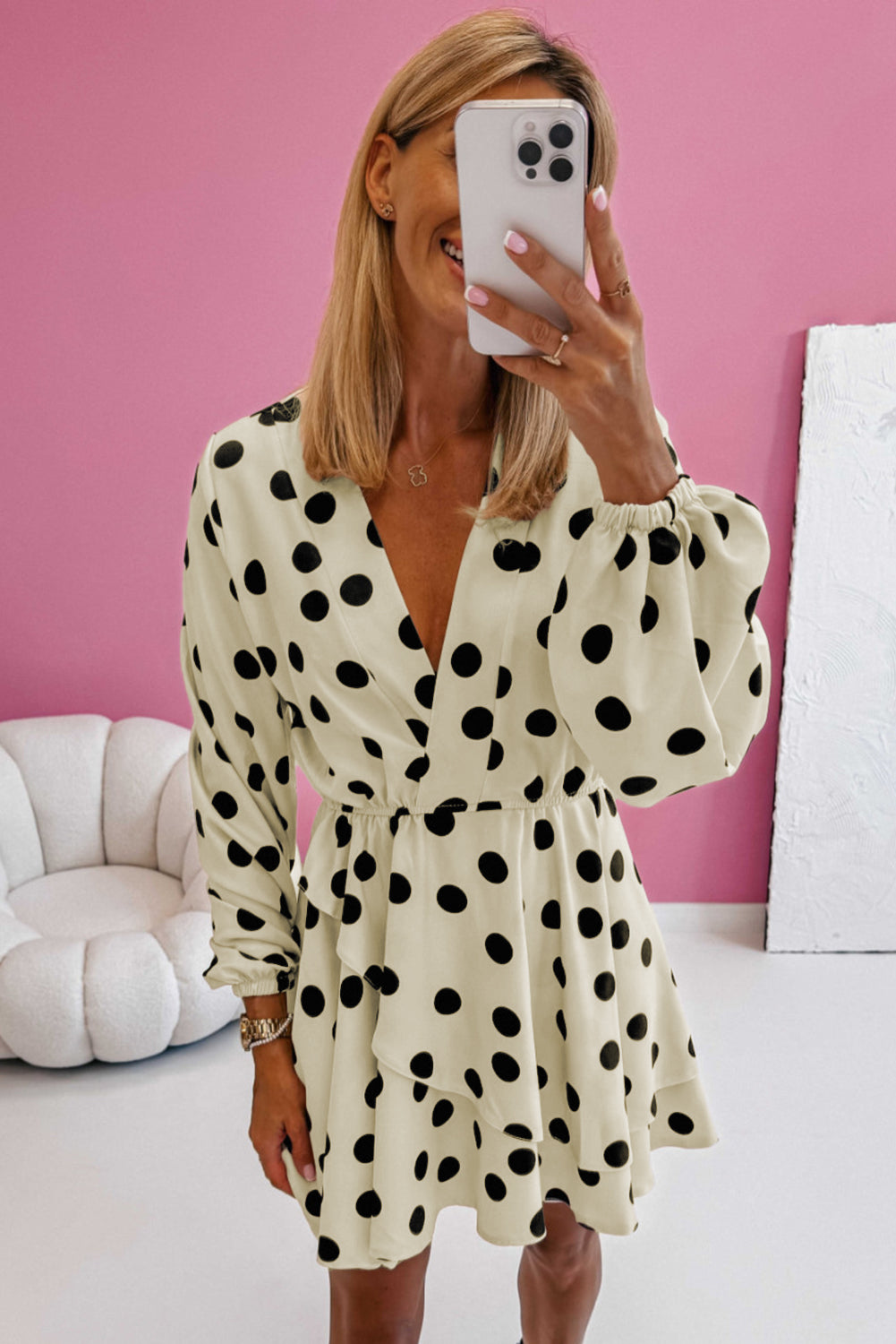 Polka Dot Print Surplice V-Neck Puff Sleeve Mini Dress