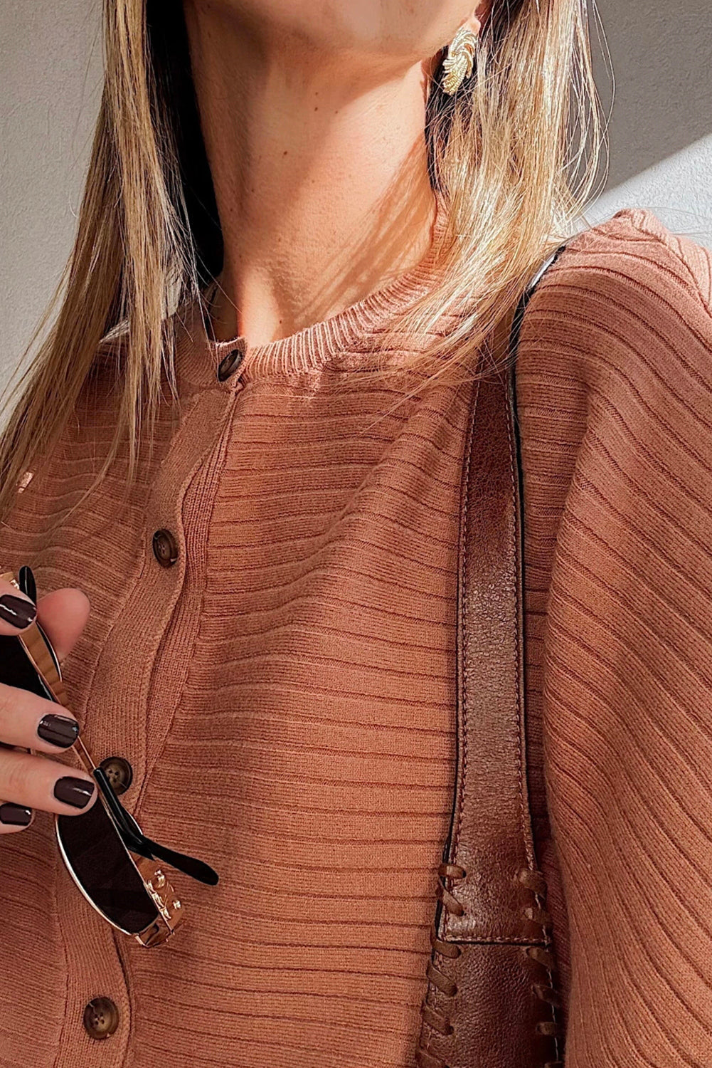 Rib Knit Button Front Dolman Sleeve Cardigan - eAura