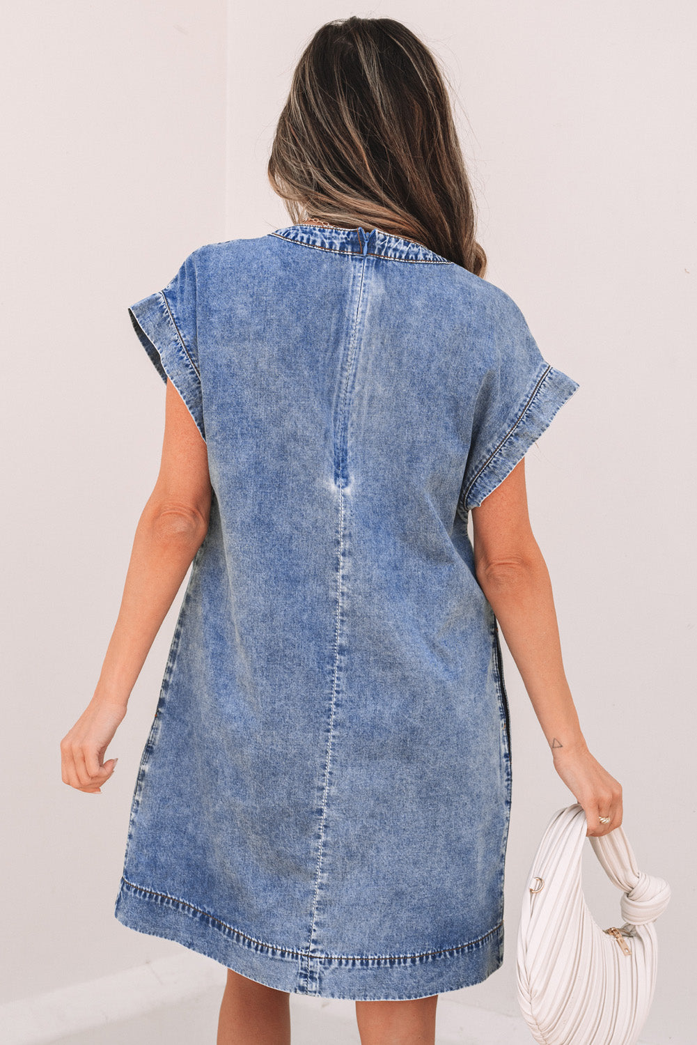 Beau Blue Tie V-Neck Tucking Detail Short Sleeve Denim Shift Dress - eAura