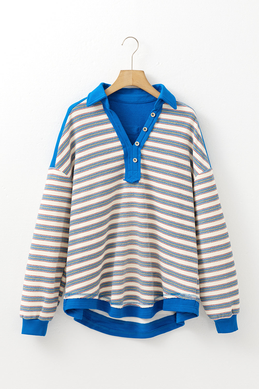 Blue Stripe Buttoned V Neck Collared Drop Shoulder Top BB Fashion Outlet
