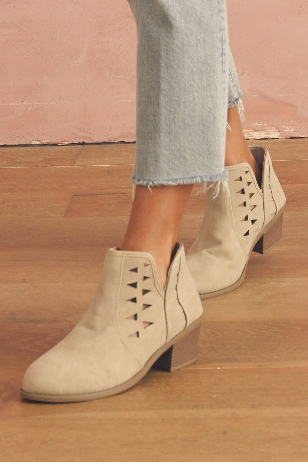 Parchment Cut Out Suede Pointed Toe Heeled Ankle Boots - eAura