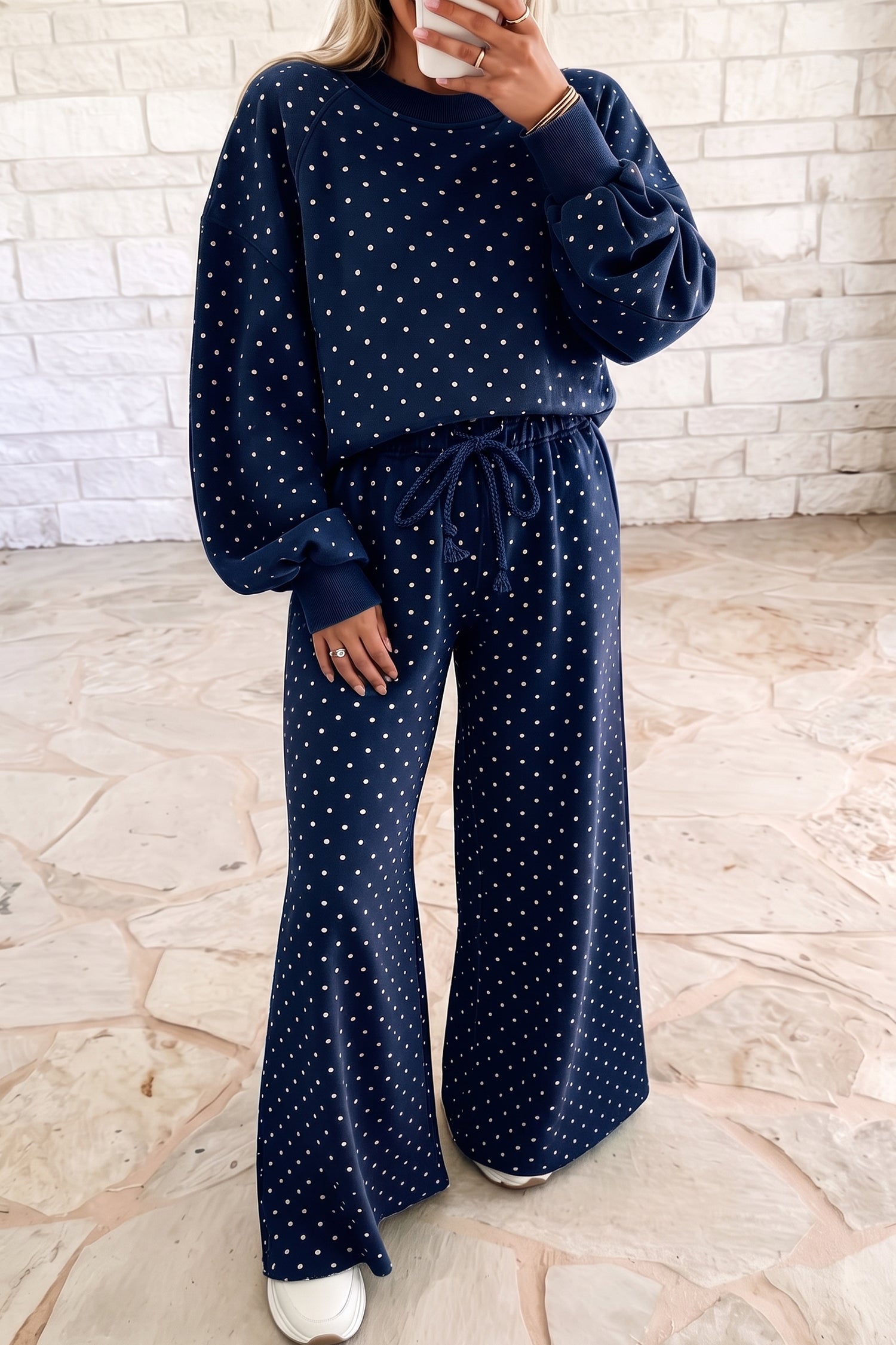 Polka Dot Drawstring Wide Leg Long Sleeve Top Pant Set – Red