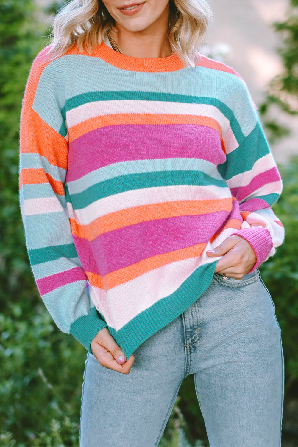 MultiColour Striped Knit Drop Shoulder Puff Sleeve Sweater eAura