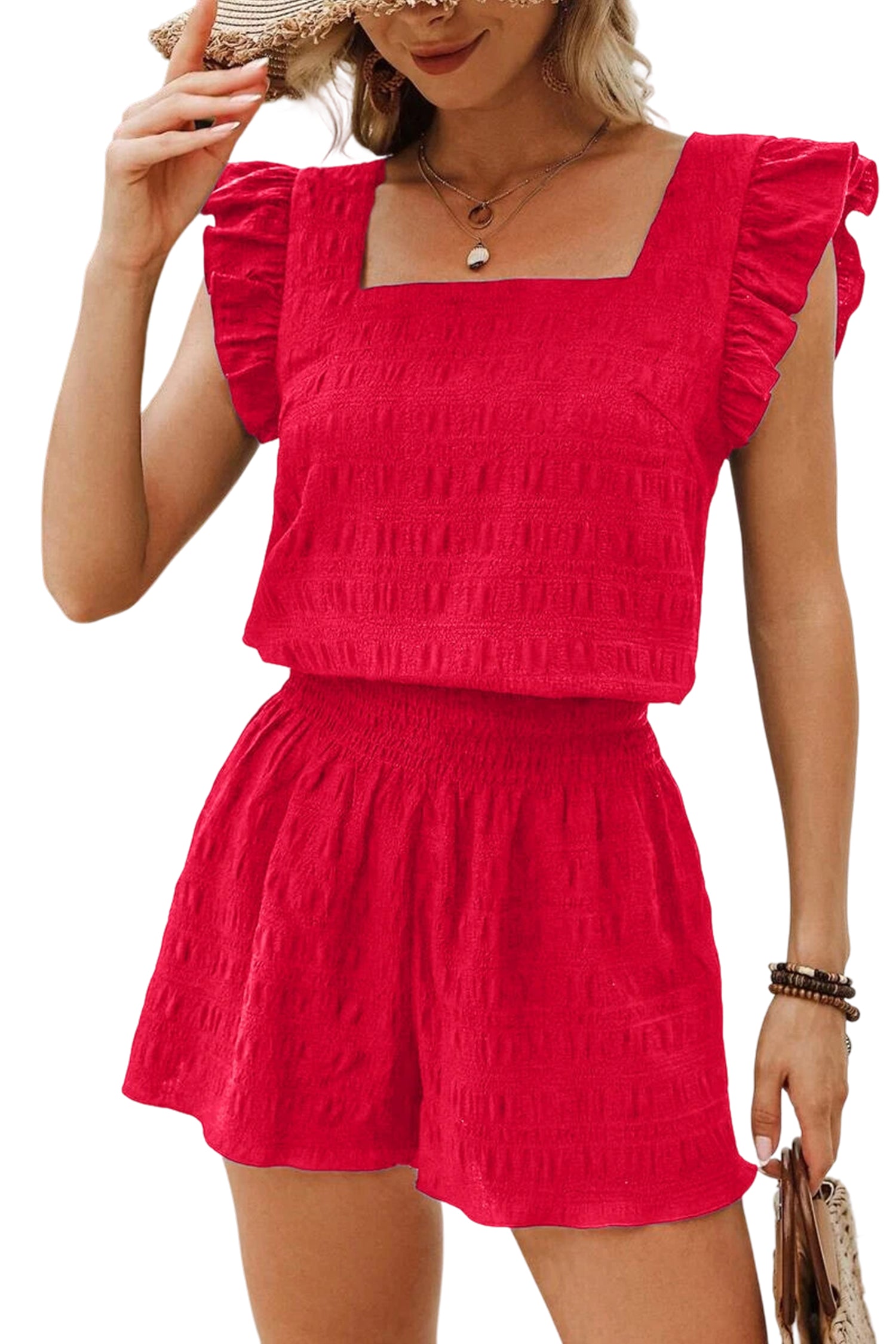 Textured Square Neck Top & Shirred High Waist Shorts Co-ord Set