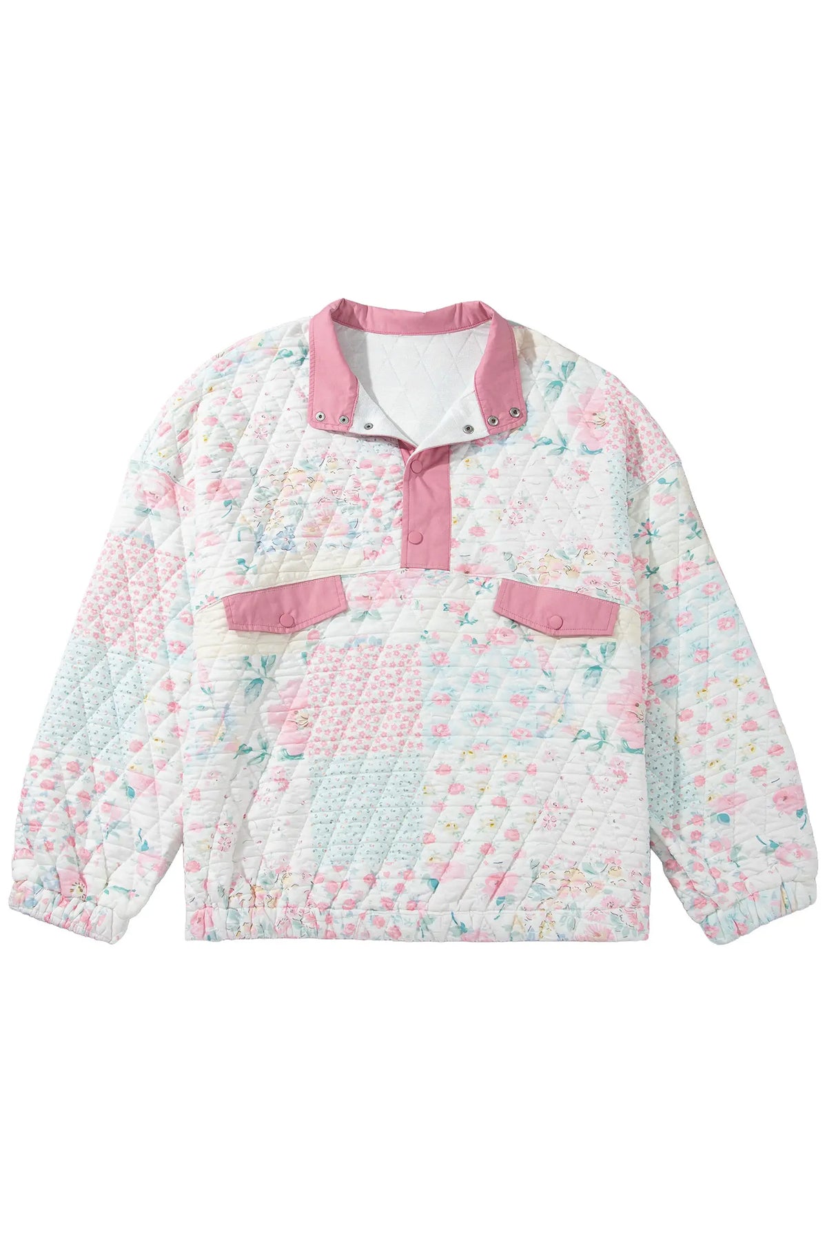 Floral Quilted V-Neck Plus Size Fake Pocket Sweatshirt – Pink