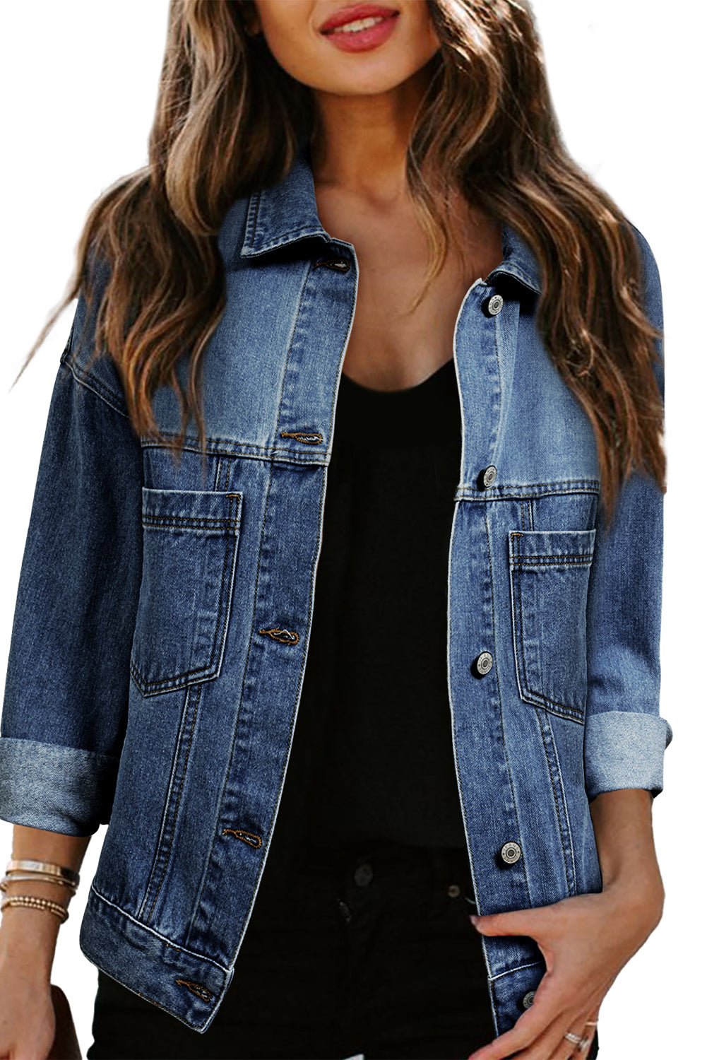 Dark Blue Washed Oversize Pocketed Denim Jacket Beagle Boutique Fashion Outlet