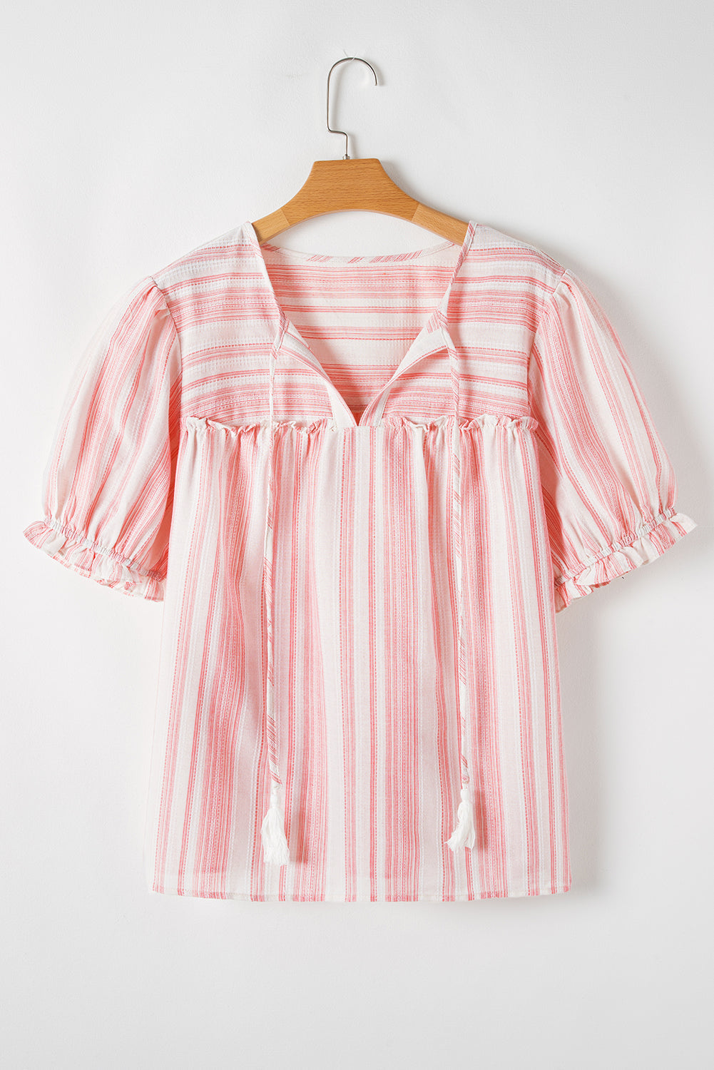 Pink Stripe Plus Size Tassel Tie Frilled Detail Short Sleeve Blouse BB Fashion Outlet