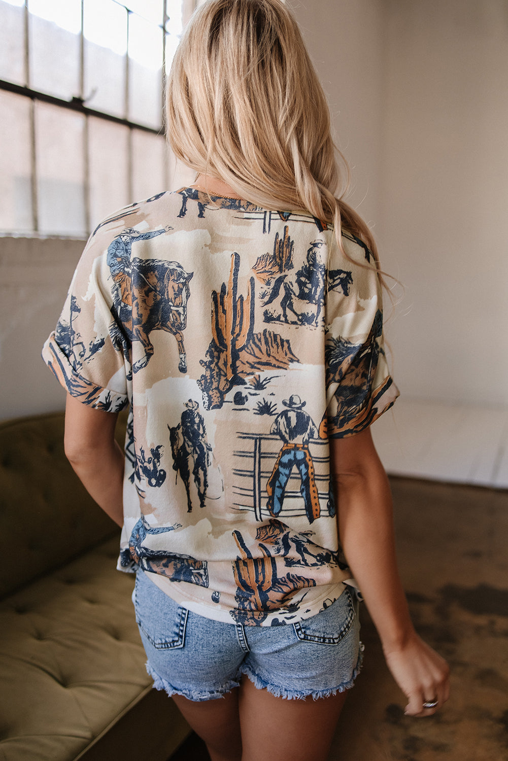 Khaki Western Cowboy Print Cuffed Sleeve Crewneck T Shirt eAura