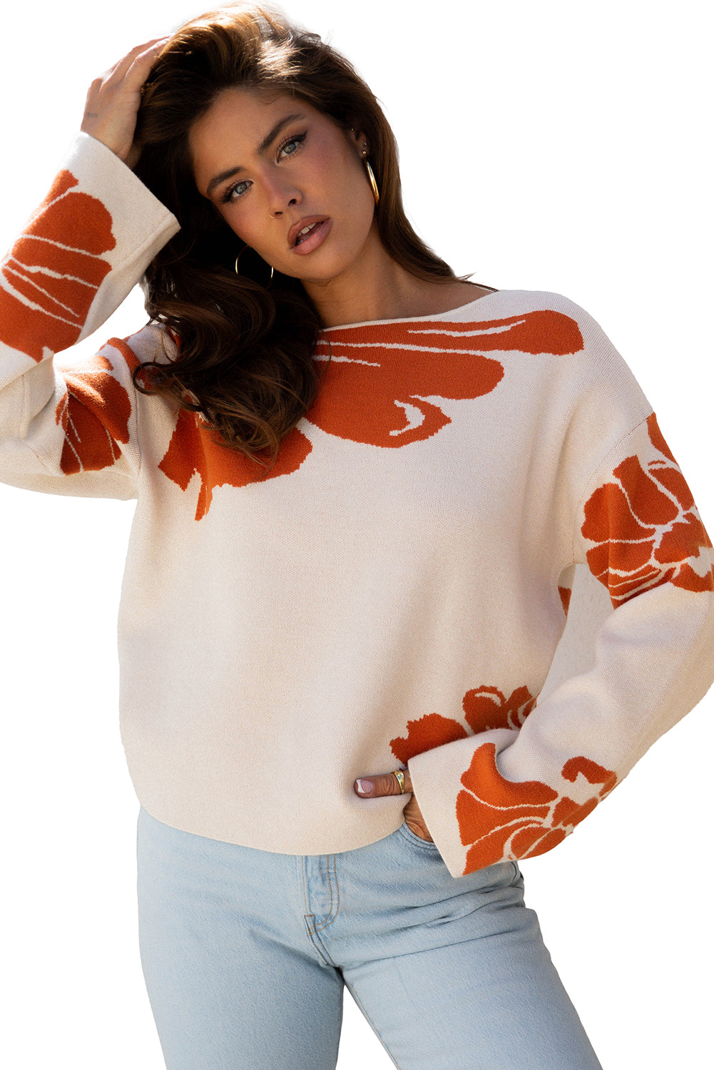 Bold Flower Pattern Wide Sleeve Overside Sweater - eAura
