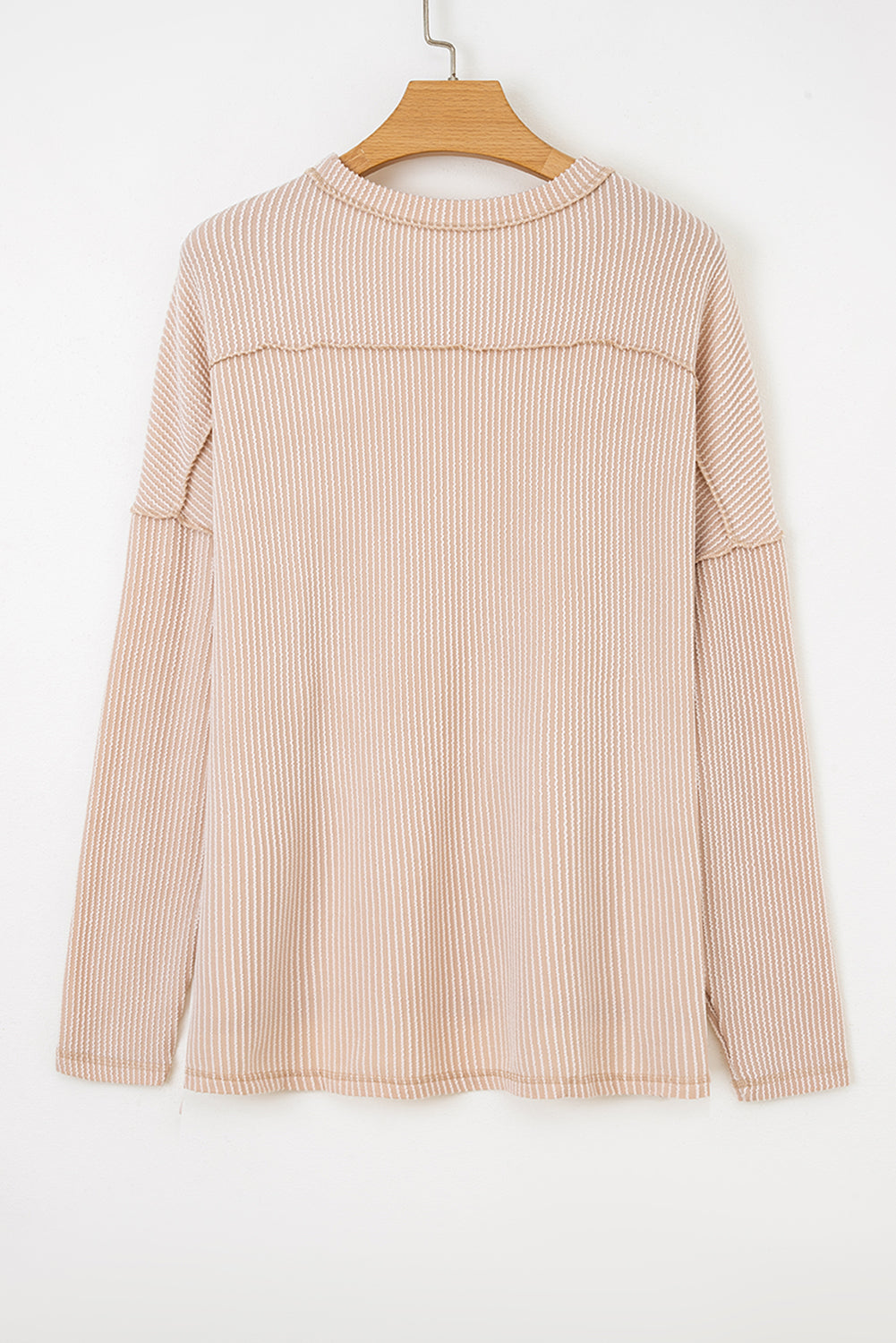 Twist Ribbed Exposed Seam Detail Long Sleeve Loose Top - Tops/Long Tops