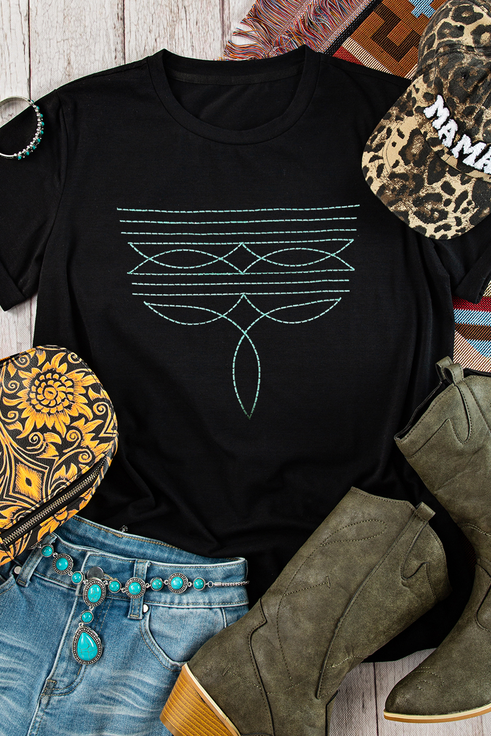 Black Western Fashion Geometric Embroidered T Shirt eAura